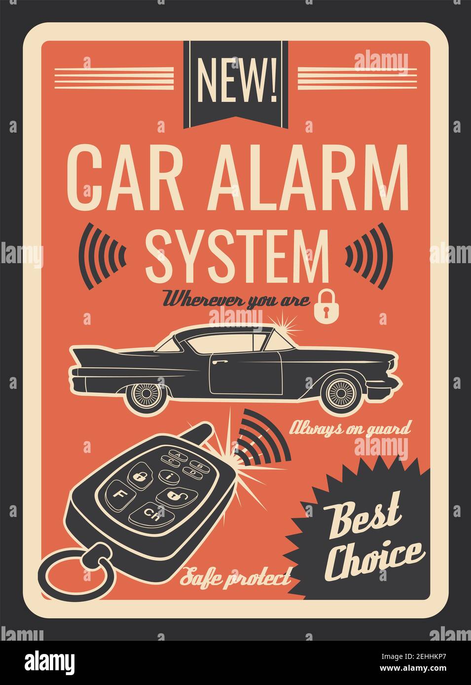 Auto Alarm Sicherheit Retro Poster für Auto-Service oder Auto-Reparatur-Shop  Vorlage. Automobil mit Schlüssel und Schloss für Fernbedienung vintage  Banner für vehic Stock-Vektorgrafik - Alamy