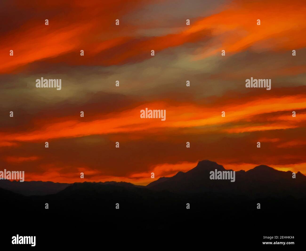 Digitale Malerei des Sonnenuntergangs über den Langeberg Bergen, Südafrika.. Stockfoto
