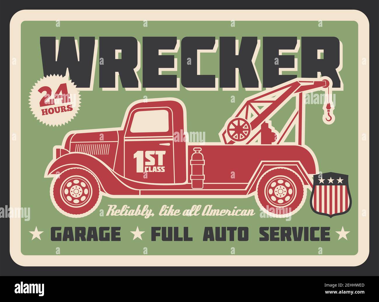 Retro LKW Wracker Vintage Banner für Auto-Service oder Garage-Design. Alte Abschleppwagen mit Radlift Grunge Poster für Notfahrzeug Abschleppen und Roa Stock Vektor