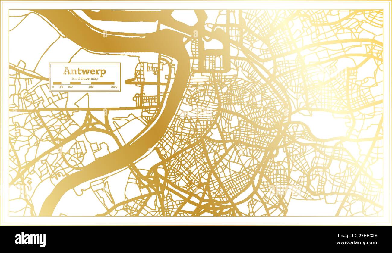 Antwerpen Belgien Stadtplan im Retro-Stil in goldener Farbe. Übersichtskarte. Vektorgrafik. Stock Vektor
