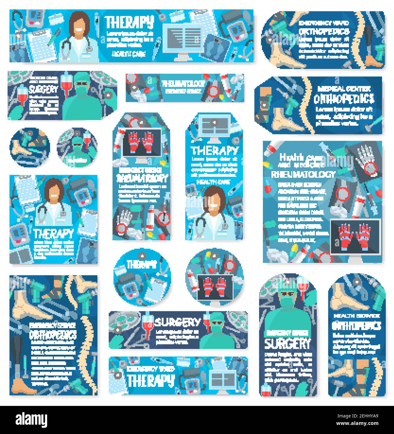 Medizin und Gesundheitswesen Tags mit Arzt und medizinische Symbol. Chirurgie, Therapie, Rheumatologie und Orthopädie Medizin Personal Label Set mit Chirurg Stock Vektor