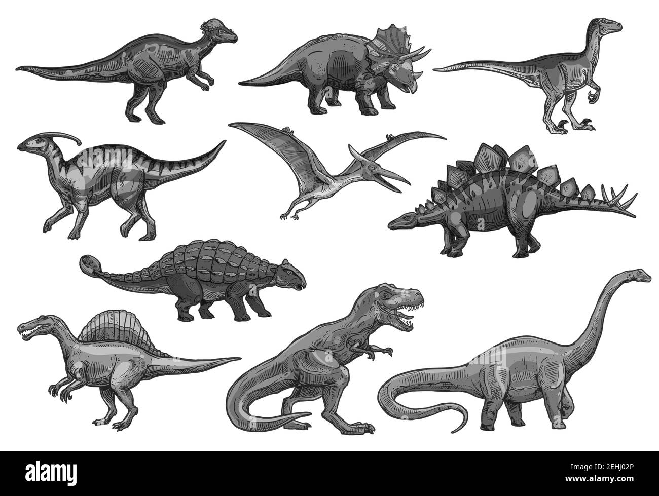 Dinosaurier Skizzen Icons für Jurassic Park Design. Vector isoliert Satz von Triceratops oder t-rex, Brontosaurus oder Pterodactyl und Stegosaurus, pteranodon Stock Vektor