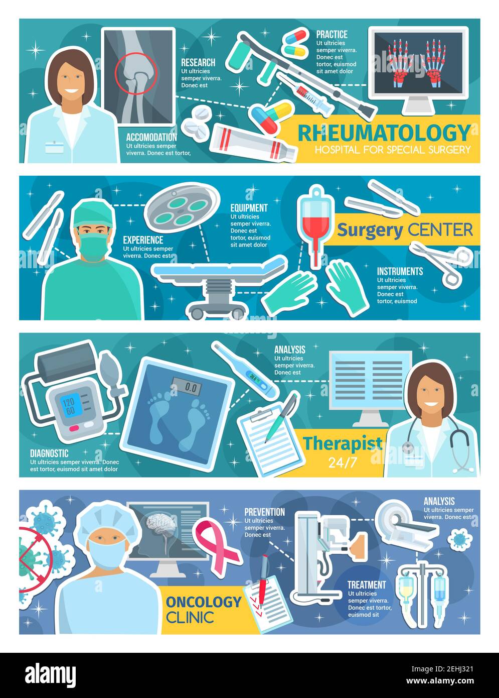 Medizinische Klinik Banner der Chirurgie, Primärversorgung, Onkologie und Rheumatologie Medizin. Krankenhausärzte mit pharmazeutischer Behandlung, diagnostische Werkzeuge Stock Vektor