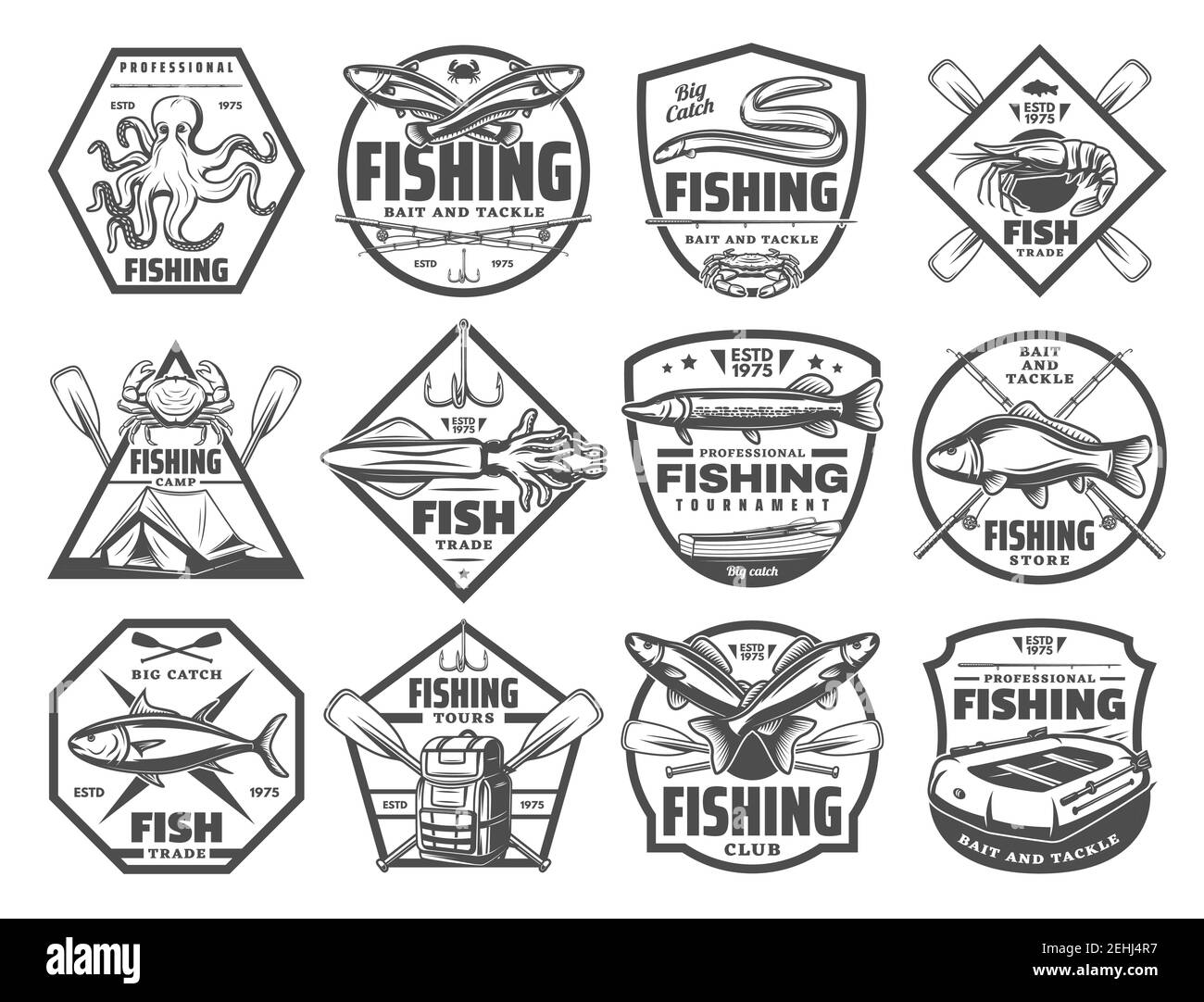 Angeln Retro Skizzen Symbole für Fischer Club oder Abenteuer. Vector Set von großen Fisch großen Fang und Fischer Tackles für Meeresfrüchte Oktopus, Aal oder Makrele A Stock Vektor