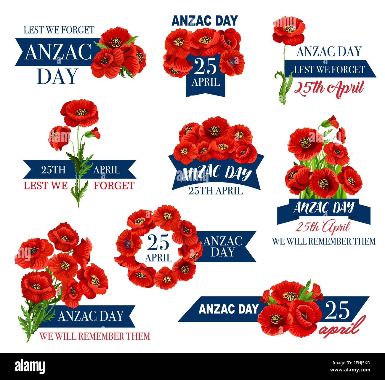Anzac Day Ikone mit roter Mohnblume und Gedenkband. Australian and New Zealand Army Corps Remembrance Day florales Symbol für Mohnkranz und Bunc Stock Vektor