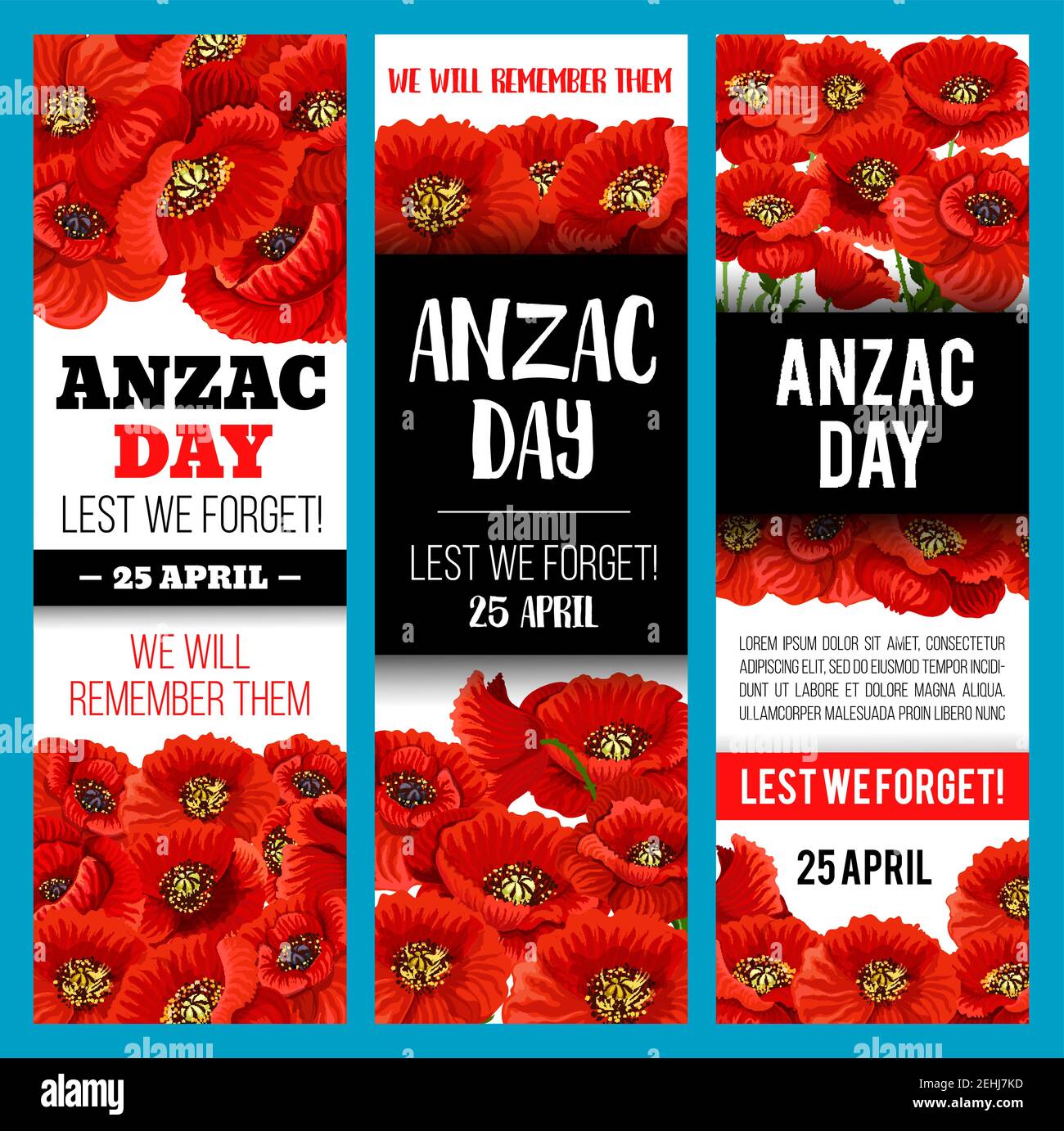 Anzac Day Lest We Forget Grußkarte von Mohnblumen für 25 April australischen und neuseeländischen Krieg Gedenken Jahrestag Feiertag. Vector Anzac Tag Stock Vektor