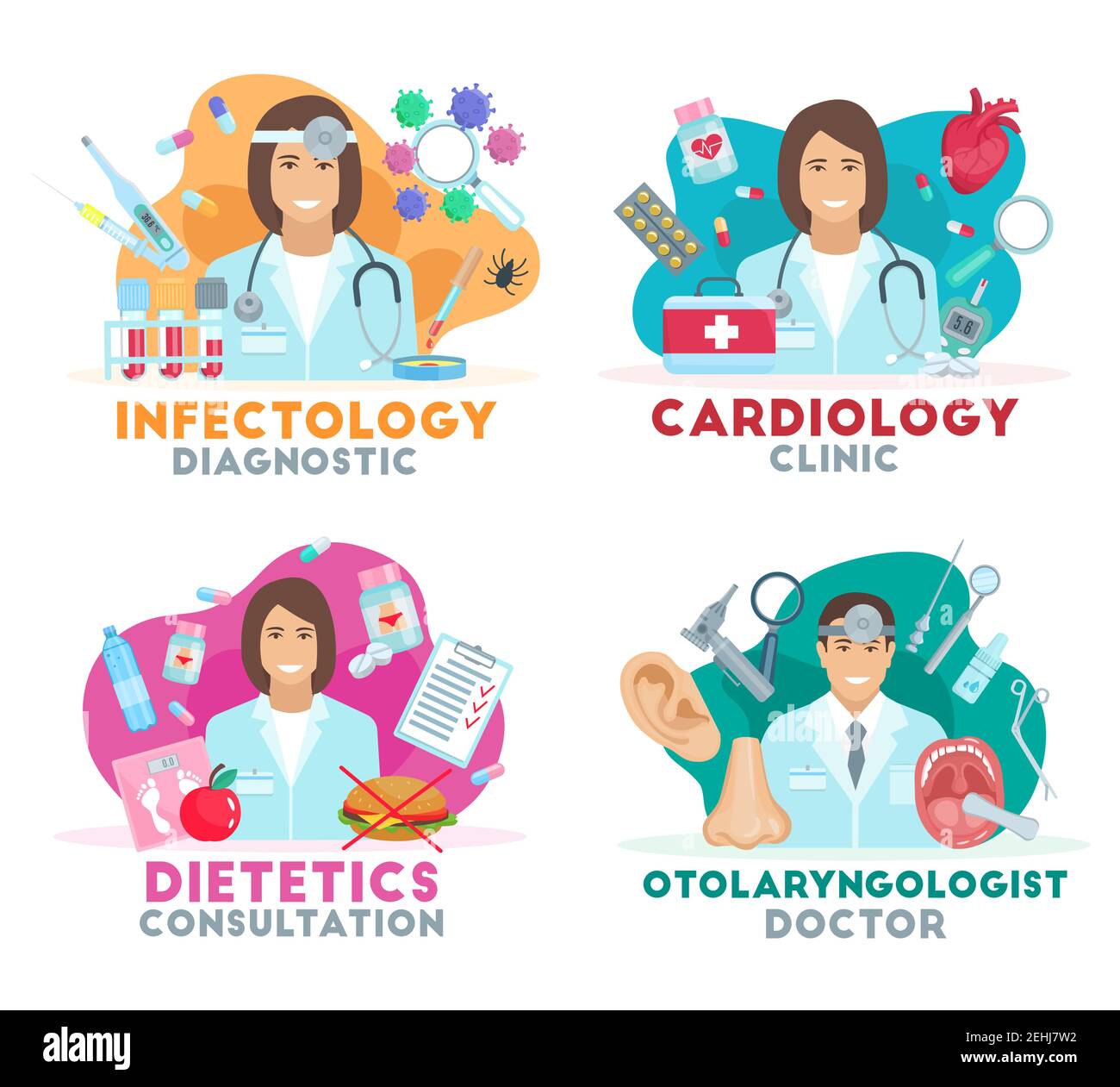 Symbole für Kardiologie, Infektologie, Otolaryngologie und Diätetik in der diagnostischen Klinik. Arzt mit Symbolen für medizinische Werkzeuge, Labortest und Medikamente. Hos Stock Vektor