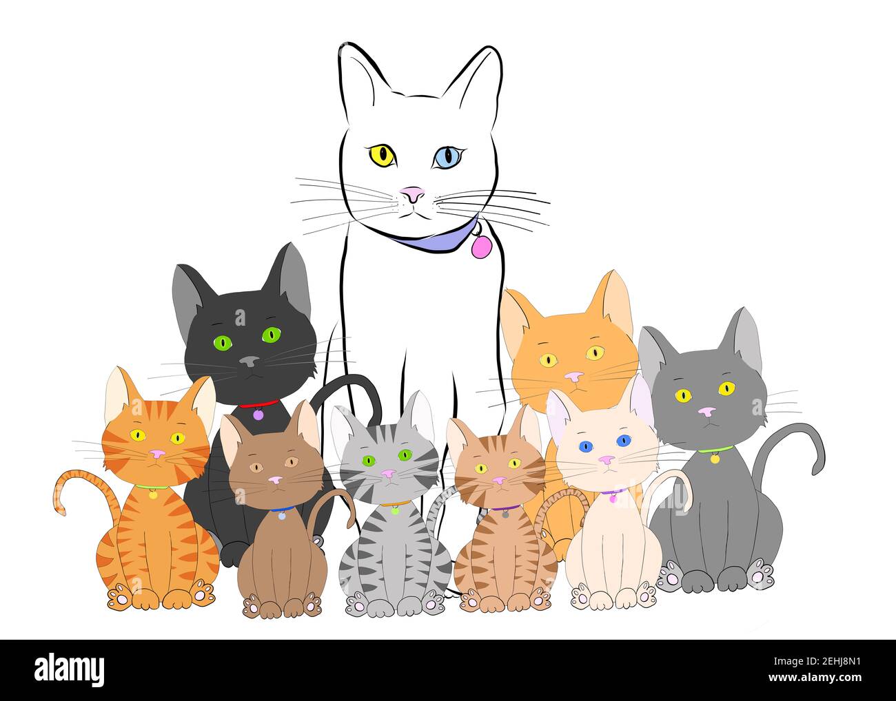 Illustration Zeichnung einer erwachsenen weißen Katze mit Heterochromie, umgeben von verschiedenen Kätzchen in verschiedenen Größen, alle Blick auf den Betrachter isoliert Stockfoto