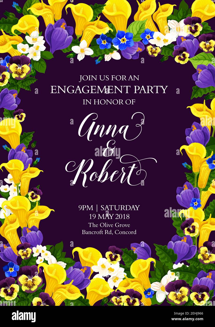 Hochzeit oder Verlobung Party Einladung Karte von blühenden Blumen Tulpen und Orchideen und Lilienblüten. Vektor-Design für Save the Date Hochzeit mit bri Stock-Vektorgrafik