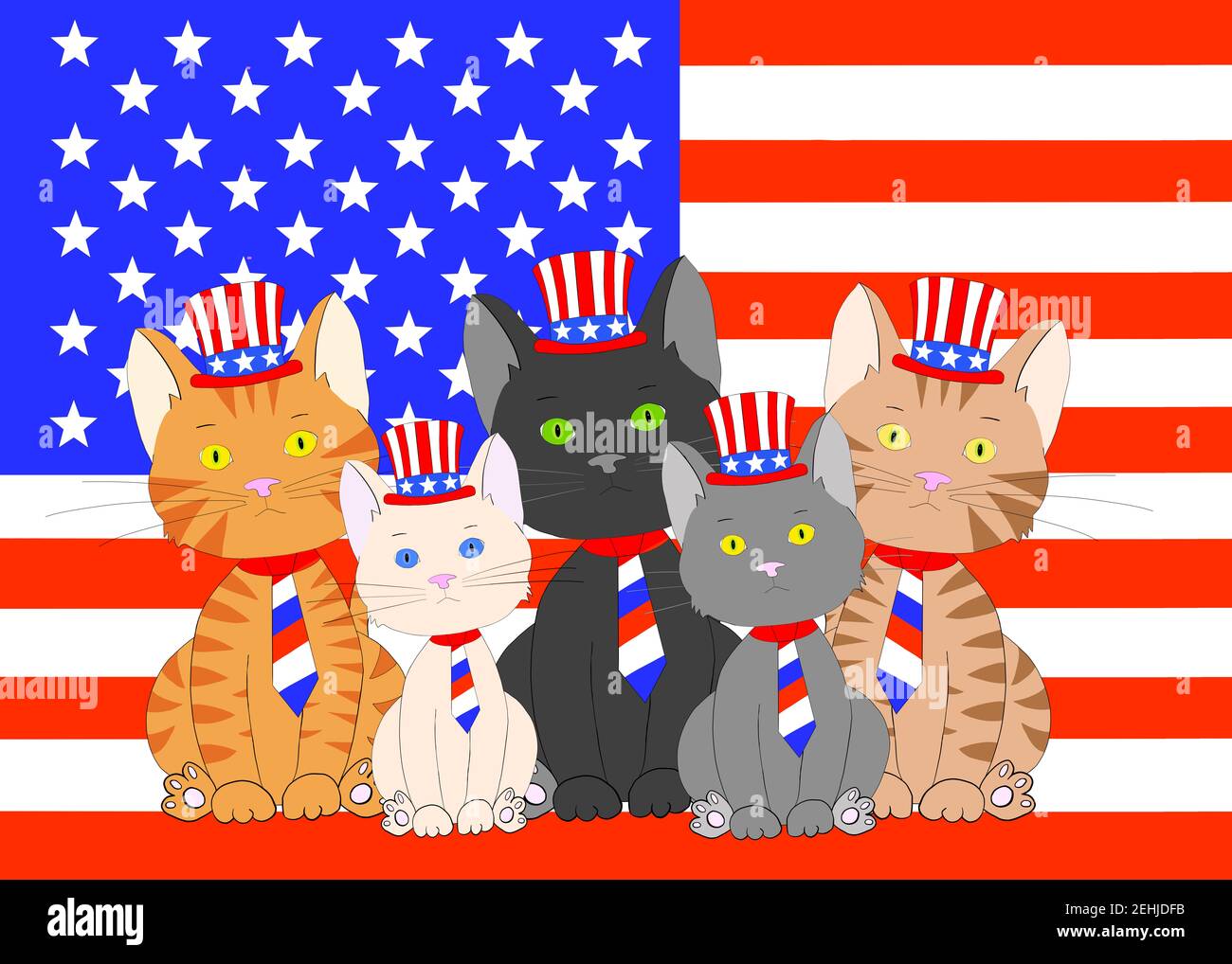 Illustration Handgezeichnete Karikatur von fünf verschiedenen Kätzchen tragen patriotische Rot weiß und blau Halsband und Onkel Sam Hüte Sitzen vor einem Ameri Stockfoto