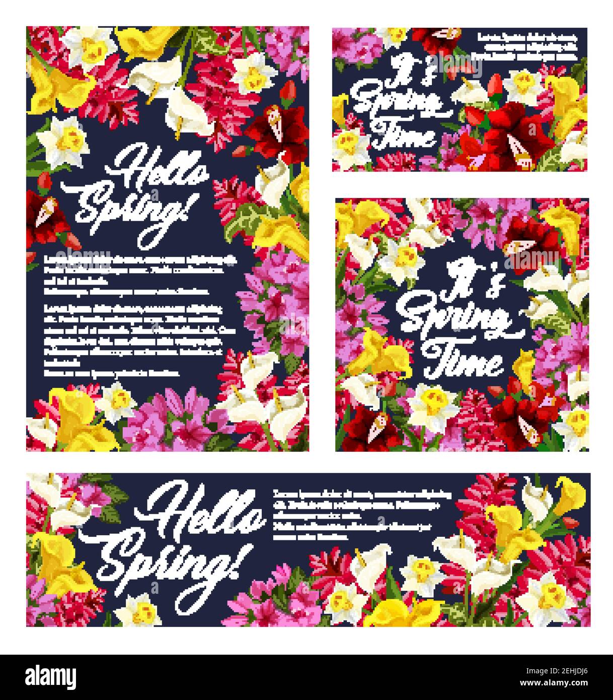 Hallo Frühling Blumenplakate und Grußkarten von blühenden Frühlingsblumen. Vektor-Banner mit saisonalen Zitaten und blühenden Lilie oder Narzissen Bloss Stock Vektor