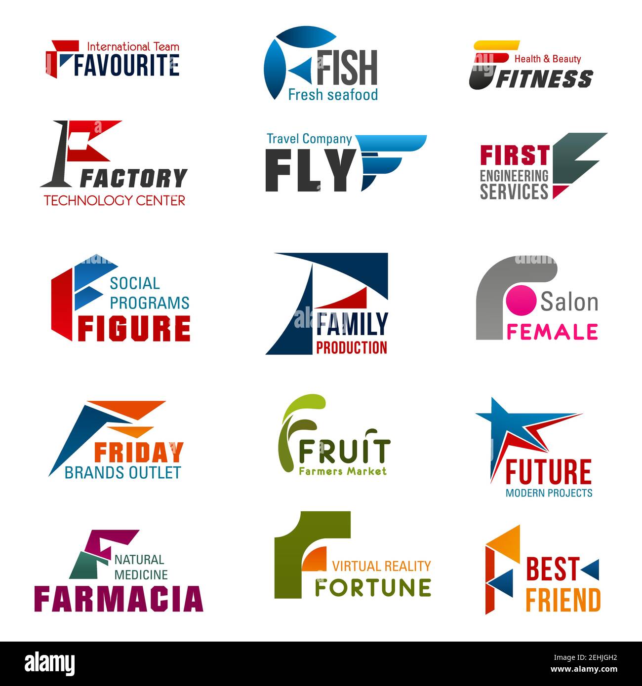 Business-Ikonen mit Buchstabe F für Lebensmittel, Sport und Medizin, Reisen, Mode und digitale Technologie Unternehmen Vorlage. Moderne Schriftart des Buchstaben F f Stock Vektor