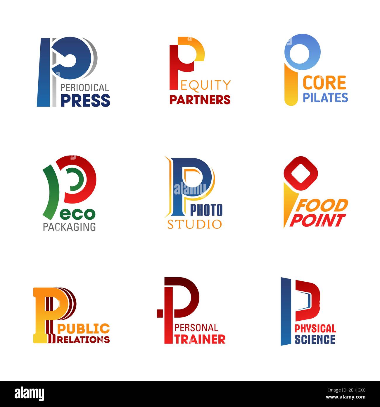 Buchstaben P Symbole für Corporate Identity des Unternehmens in der Presse Medien, Wirtschaft oder Sport-und Lebensmittelindustrie. Vektor Buchstabe P Symbole für Fastfood Cafe, Unternehmen Stock Vektor