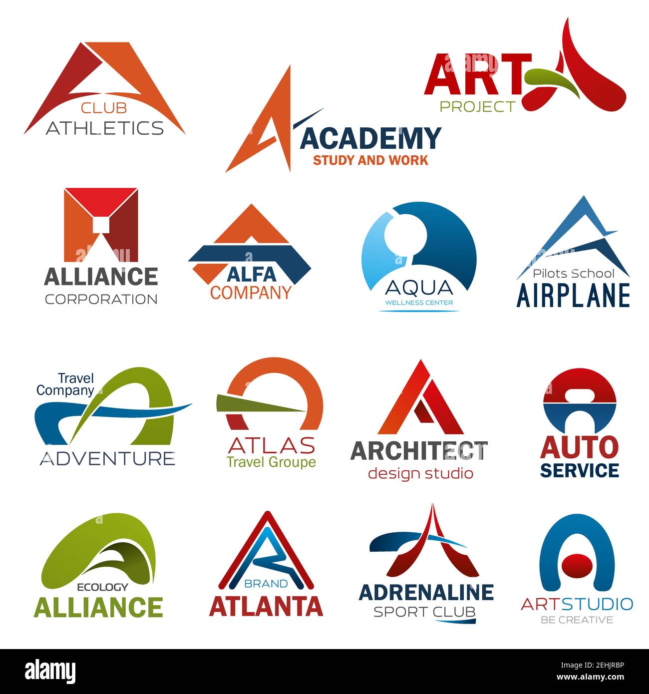 Schreiben SIE EIN Symbole für Corporate Identity von Art Design Studio, Leichtathletik-Fitnessstudio oder Studienakademie und Flugzeug Piloten Schule. Vektorsymbole für Reisen Stock Vektor