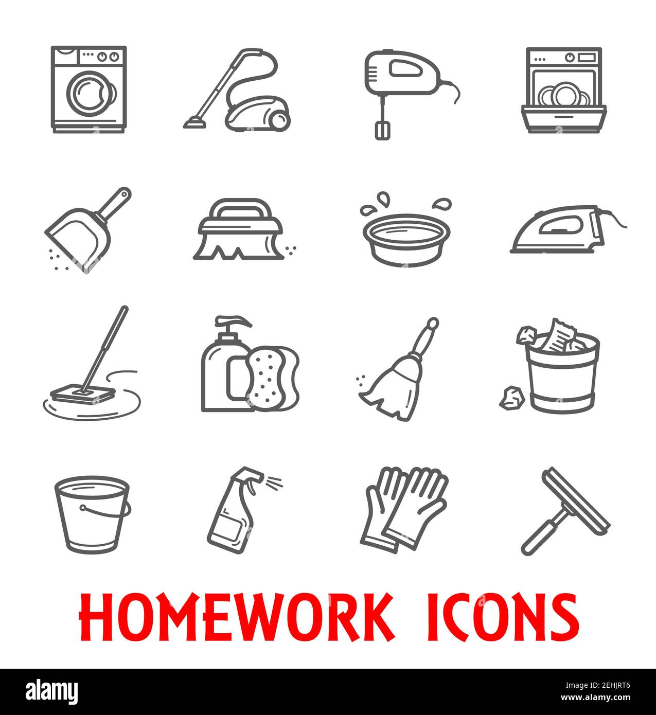 Haushalts- und Hausaufgaben dünne Linien Symbole für die Reinigung und Waschen zu Hause. Vector Set aus Mopp, Staubsauger oder Bügeleisen und Waschmaschine mit Küchentisch Stock Vektor