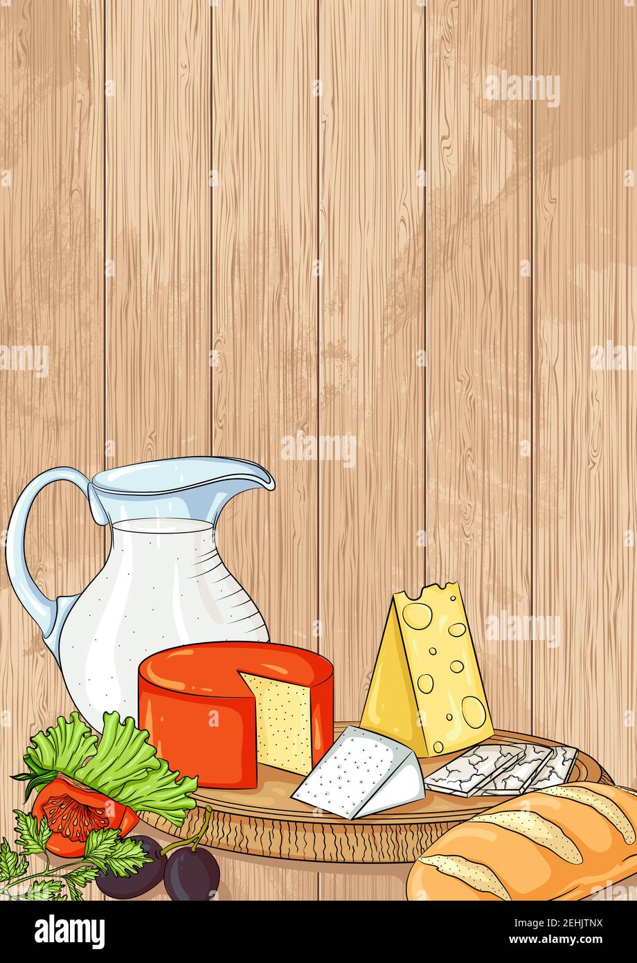 Vector Stillleben mit verschiedenen Arten von Käse, Milch und Gemüse auf einem hölzernen Hintergrund. Vorlage für Poster, Banner, Postkarte, Menü oder andere Stock Vektor