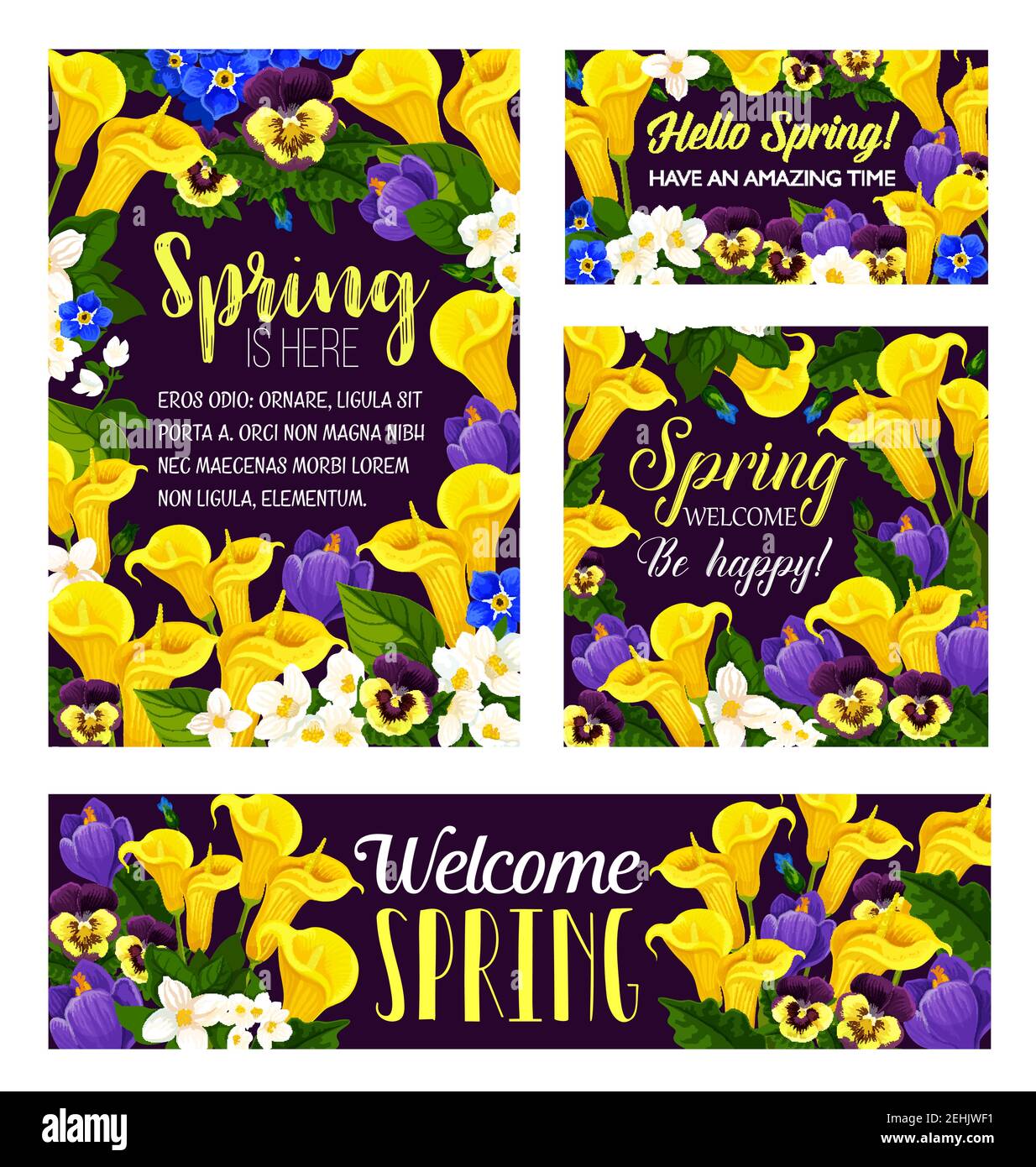 Frühling Blumen und Wunsch Zitate Banner und Plakate. Vektor florales Design von blühenden Orchideen, Calla Lilie und Krokussen Blumensträuße für Frühling Meer Stock Vektor
