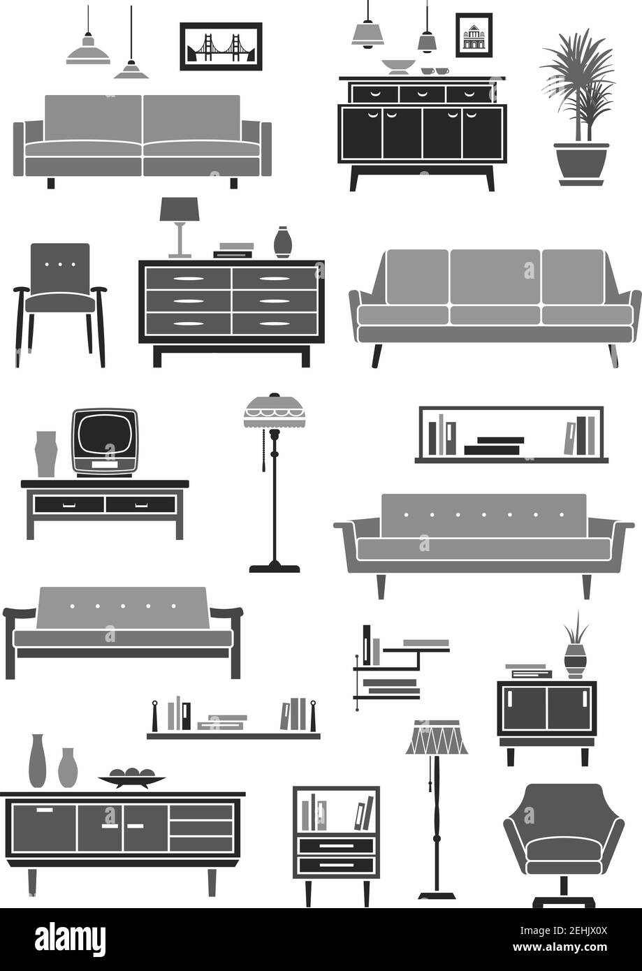 Home Möbel und Wohnzimmer Interieur Zubehör Icon Set. Stuhl, Sofa, Sessel, Tisch, Lampe, Schrank, Bücherregal, Kommode, Vase und Pictu Stock Vektor
