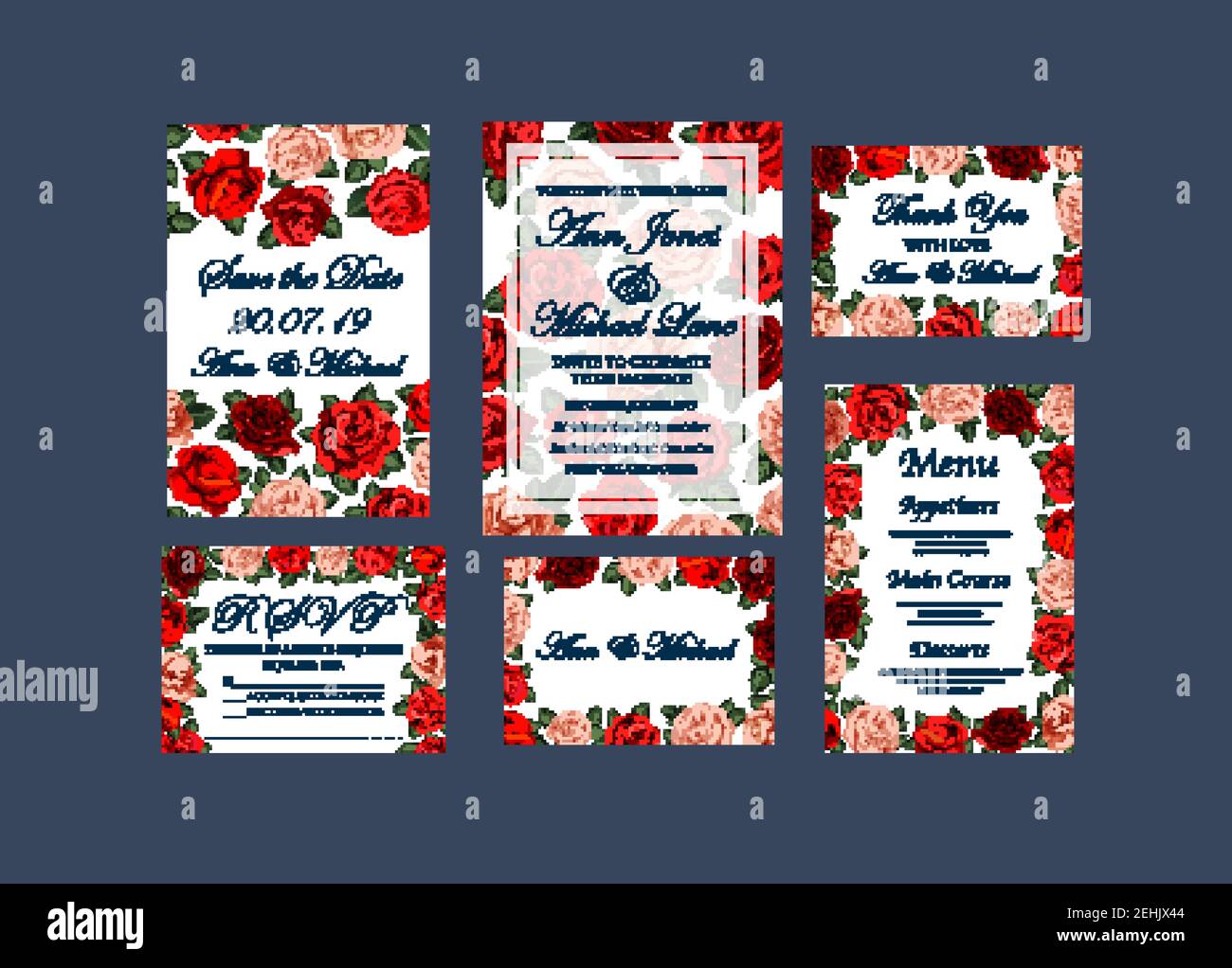 Save the Date Einladungskarten und Hochzeit oder Verlobungsfeier Feier Menü Design. Vektor Braut und Bräutigam Namen für Hochzeitszeremonie der Rose Stock Vektor