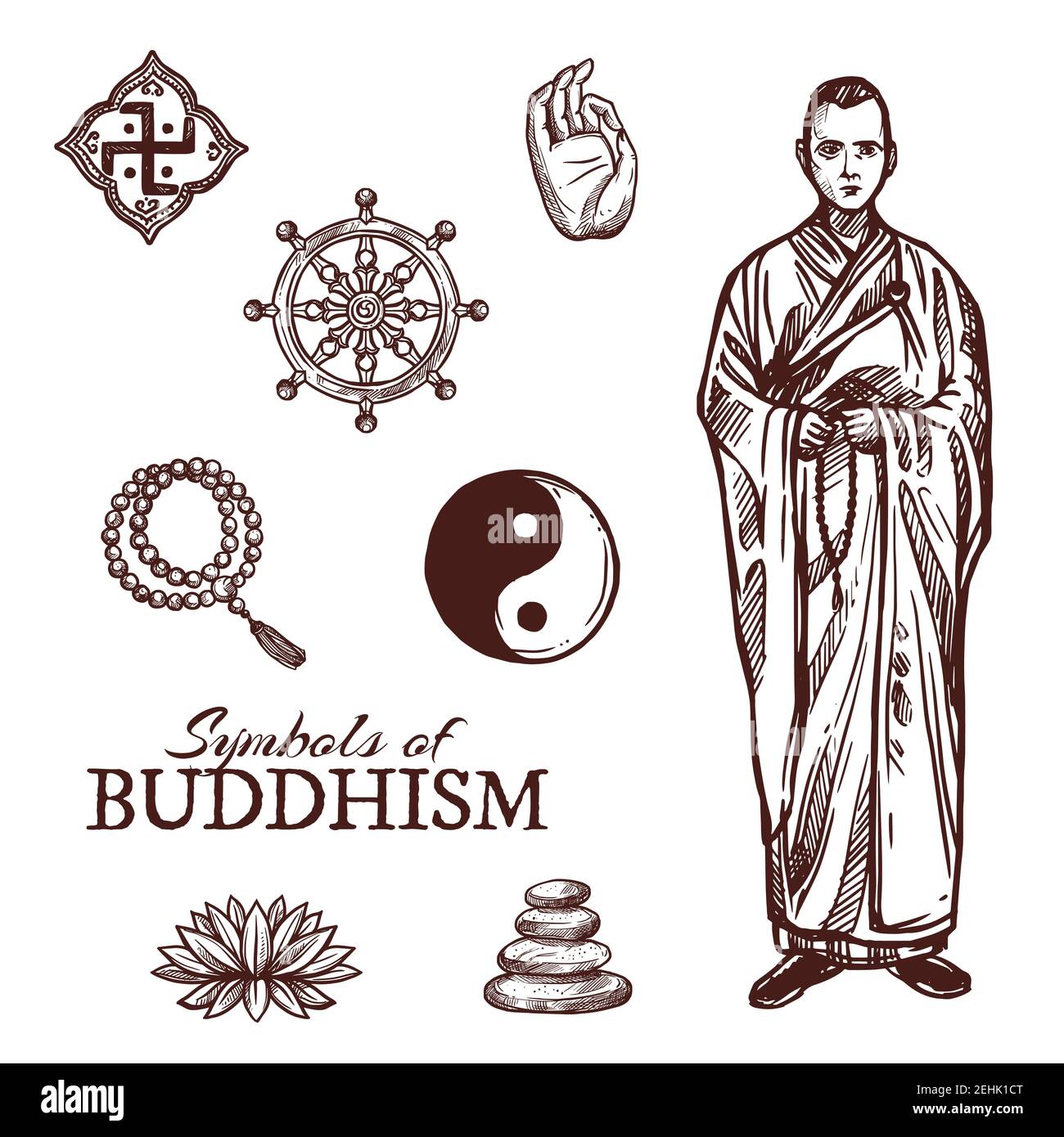 Buddhismus Religion Skizze Symbole. Vektor-Ikonen der Buddha-Hand und buddhistischen Kloster Mönch mit Perlen, Dharma-Rad oder Yin Yang und Lotusblume, Zen s Stock Vektor