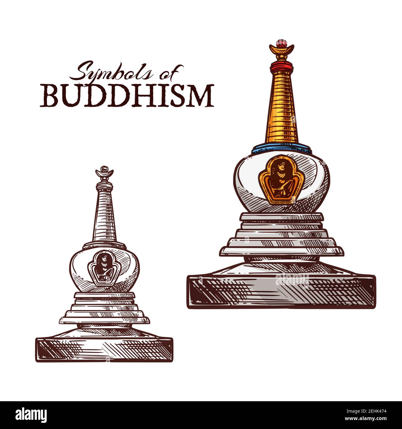 Buddhismus Religion Symbol Skizze der buddhistischen Mönch Stupa. Altes Tempelgebäude mit Reliquien für Mönche Meditation isoliert Ikone. Asiatische Religion und Cul Stock Vektor