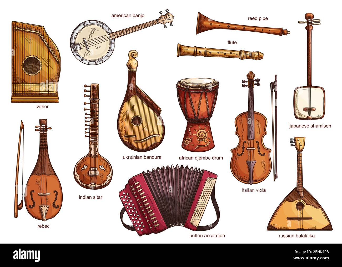 Musikinstrumente setzen Zither und american Banjo, Reed Pipe und Flöte. Klassische Musikequipment Sammlung rebac und indischen Siltar, ukrainischen Bandur Stock Vektor