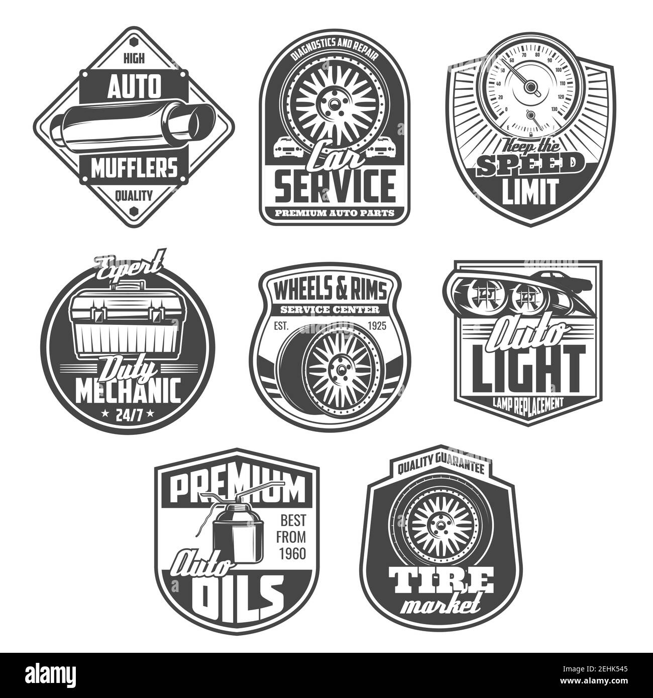 Kfz-Reparatur und Diagnose Service-Symbole. Auto Motoröl, Rad und Reifen, Auto Licht und Tachometer schwarz und weiß vintage Schilde für Mechaniker Stock Vektor