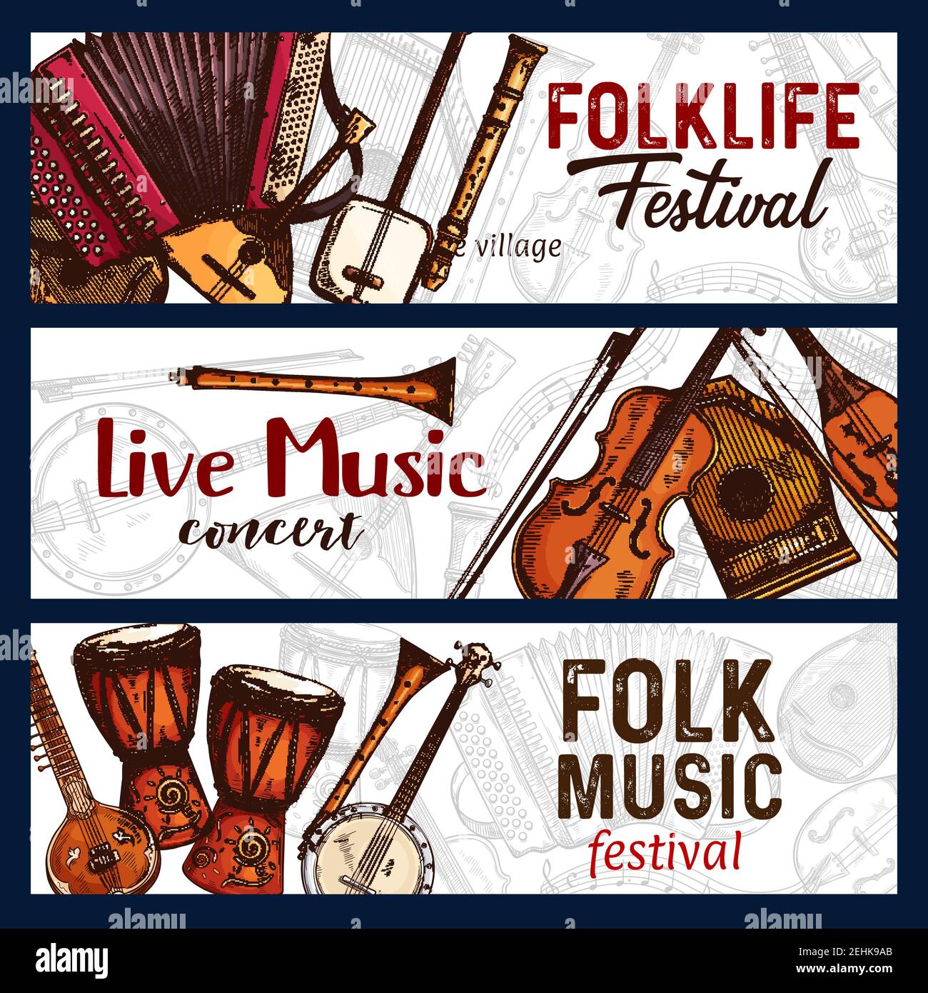 Volksmusik Festival Skizze Banner der traditionellen Musikinstrumente. Vektor-Design von Zither, American Banjo Gitarre oder Flöte und Reed Pie mit Japan Stock Vektor
