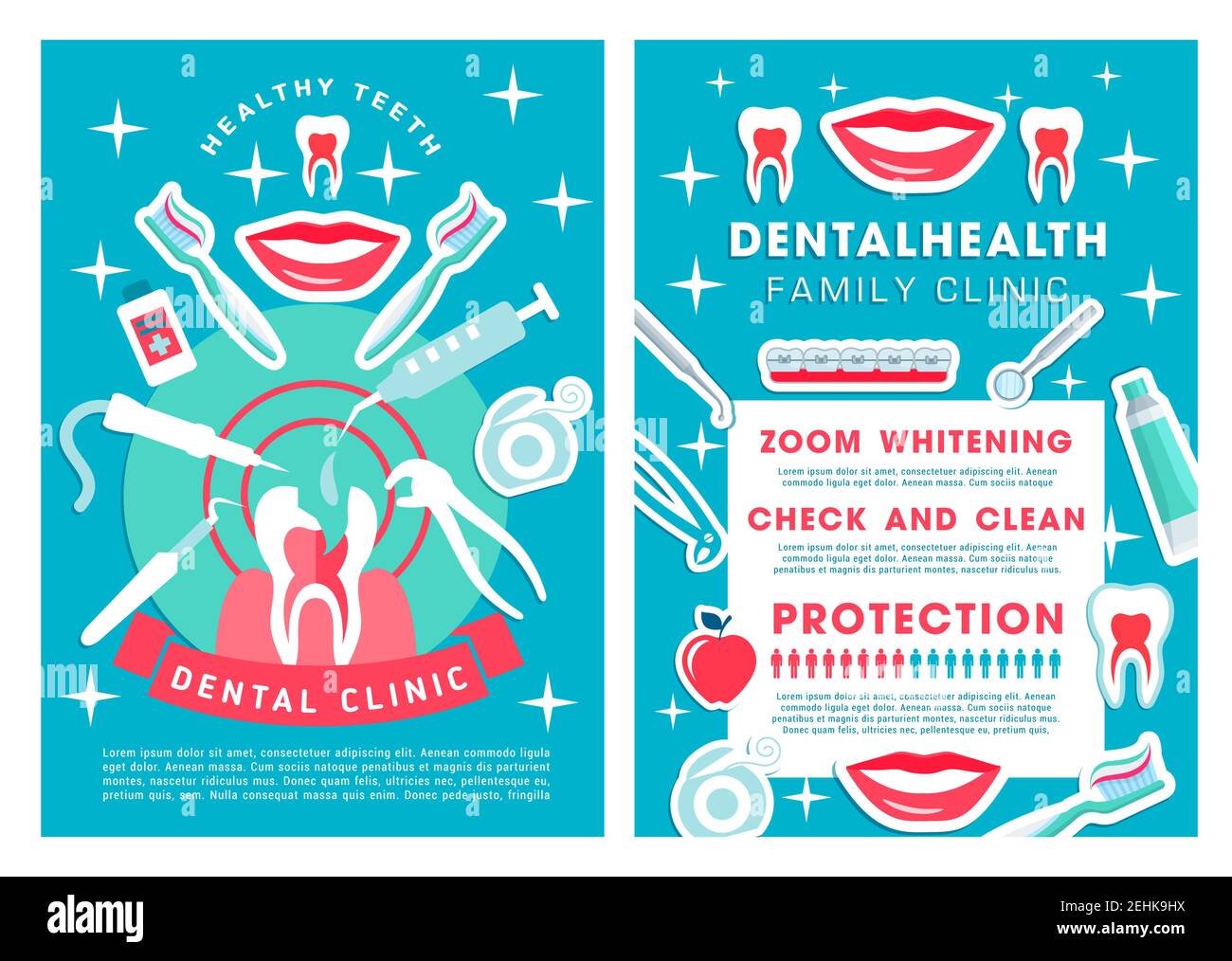 Zahnplakat mit Familienklinik Dienstleistungen. Überprüfen und reinigen, Zoom und Aufhellung, Schutz zahnärztliche Gesundheitsversorgung Verfahren und Zahnarzt Zubehör Symbole V Stock Vektor