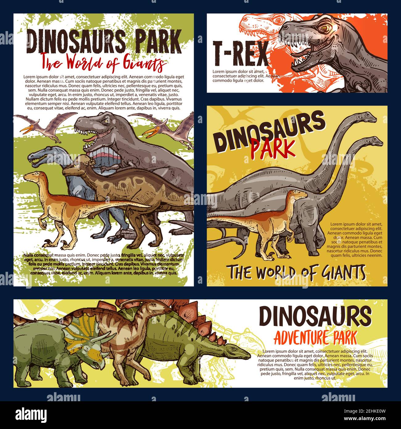 Dinosaurier jurassic Tier Skizze von Dino Monster Adventure Park. Tyrannosaurus rex, Stegosaurus und Pterodactyl, Velociraptor, Diplodocus und Tricerato Stock Vektor