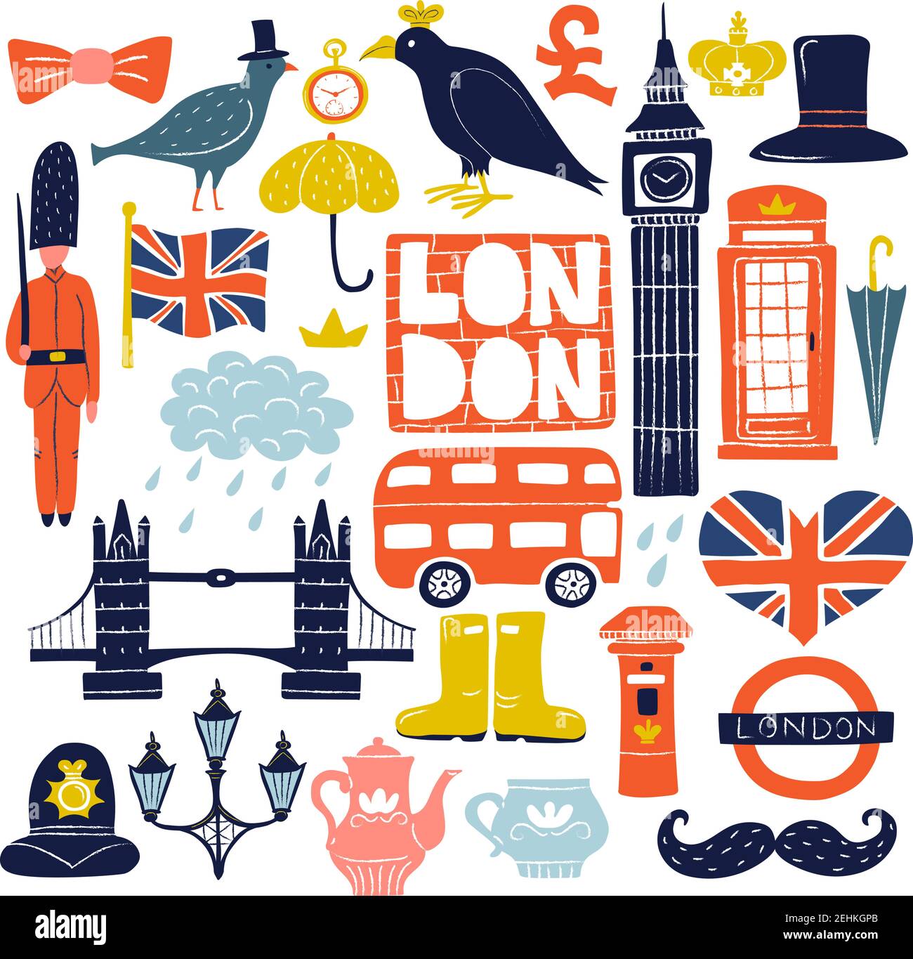 Set von london Sehenswürdigkeiten mit Tower Bridge, Big ben, Raben, Doppeldeckerbus, Wache isoliert Vektor-Illustration Stock Vektor