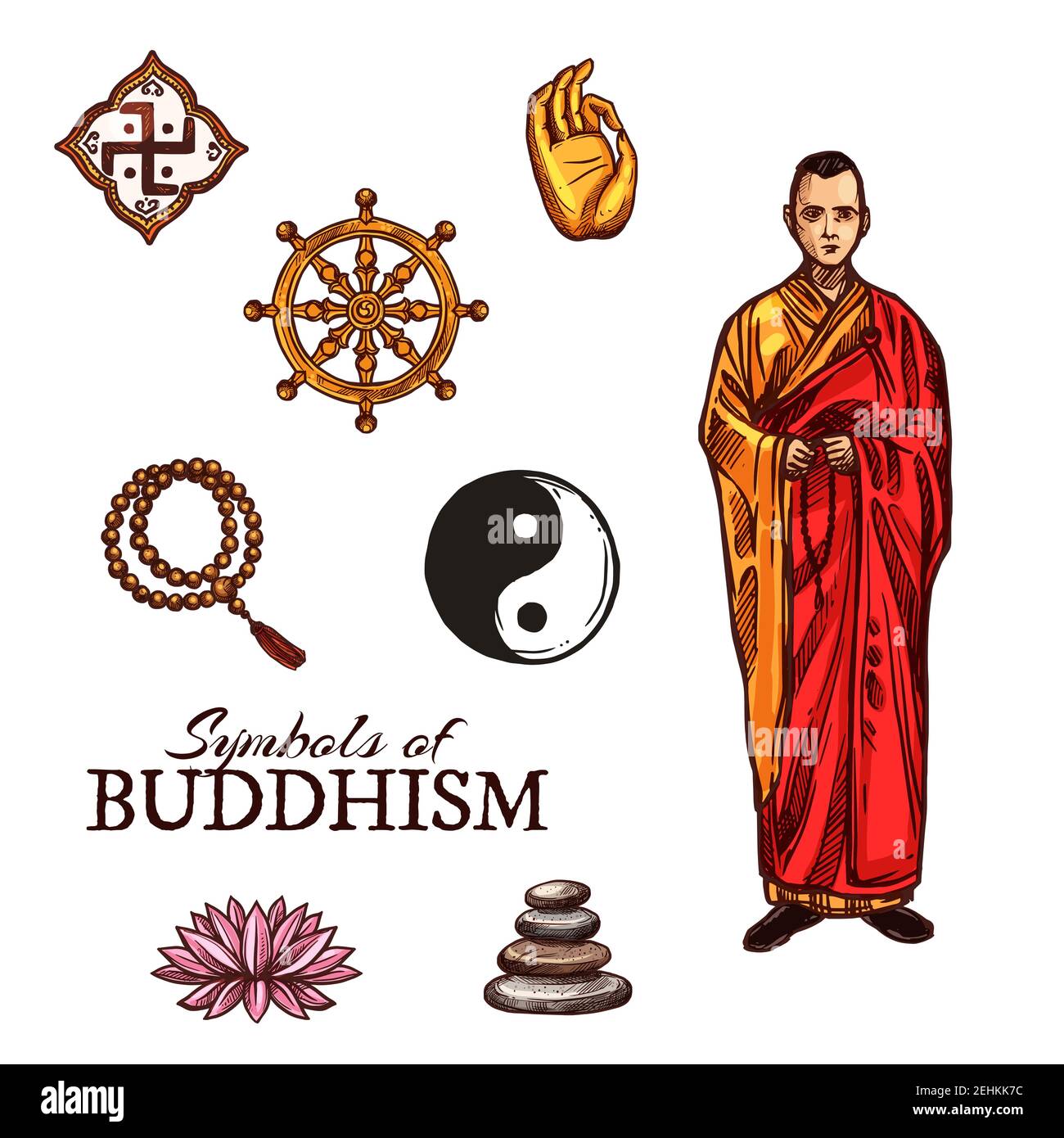 Symbole des Buddhismus Mönch, Dharma Rad, Rosenkranz und Yin-Yang Zeichen, Lotusblume und Pyramide von Steinen, Skizze Stil Vektor. Buddhistisch und religiös heilig Stock Vektor