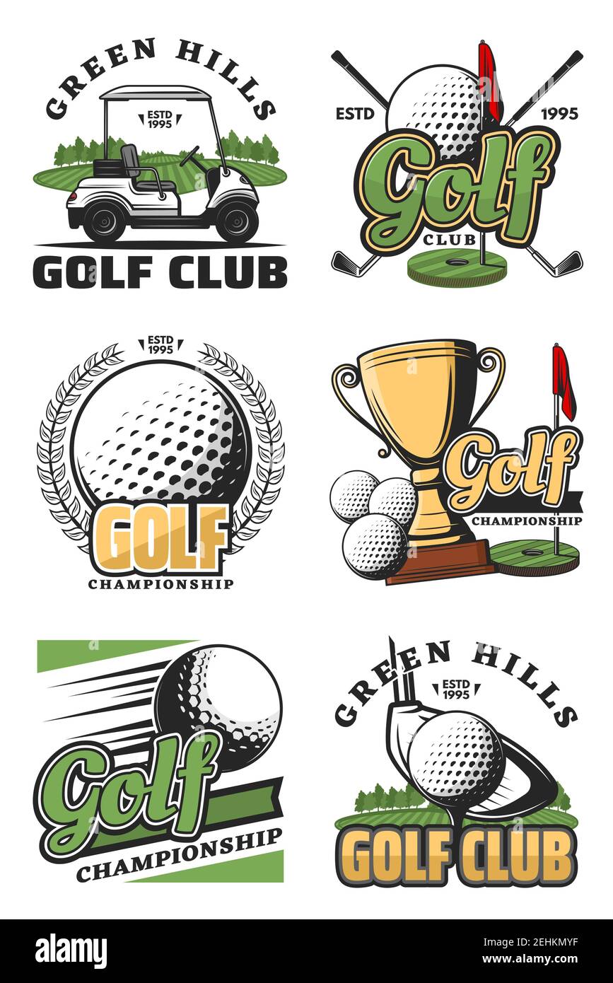 Golf Sport Meisterschaft vintage Symbole und Symbole. Golfball, Schläger und T-Shirt, Flagge, Grünfeld und Loch, Karren und Champion Trophäe Cup Objekte. Vektor c Stock Vektor