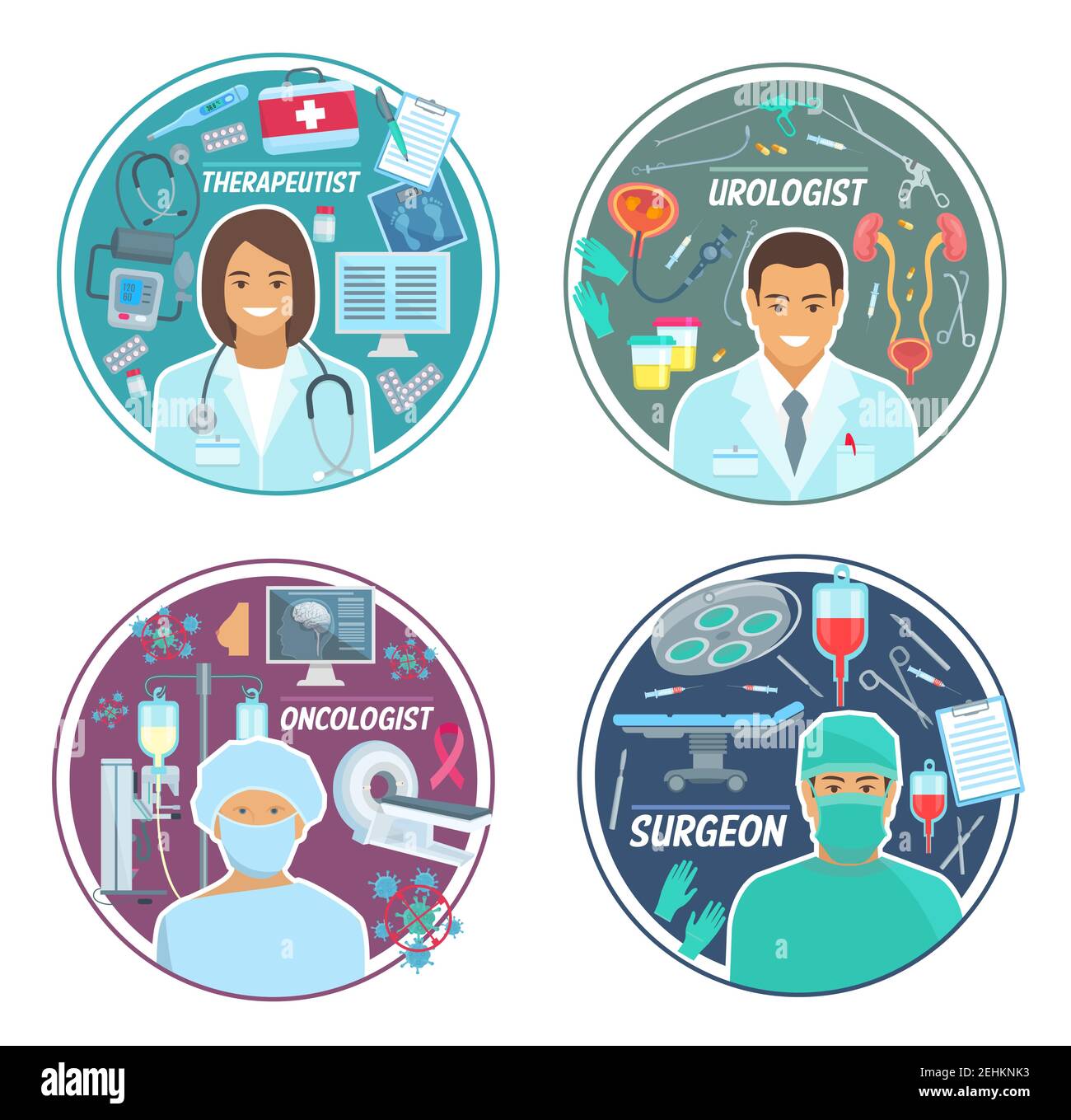 Urologe, Chirurg oder Onkologe und Therapeuten Ärzte Personal. Vector Medizin Urologie, Chirurgie oder Onkologie und Therapie Behandlung, Stethoskop, Spritze Stock Vektor