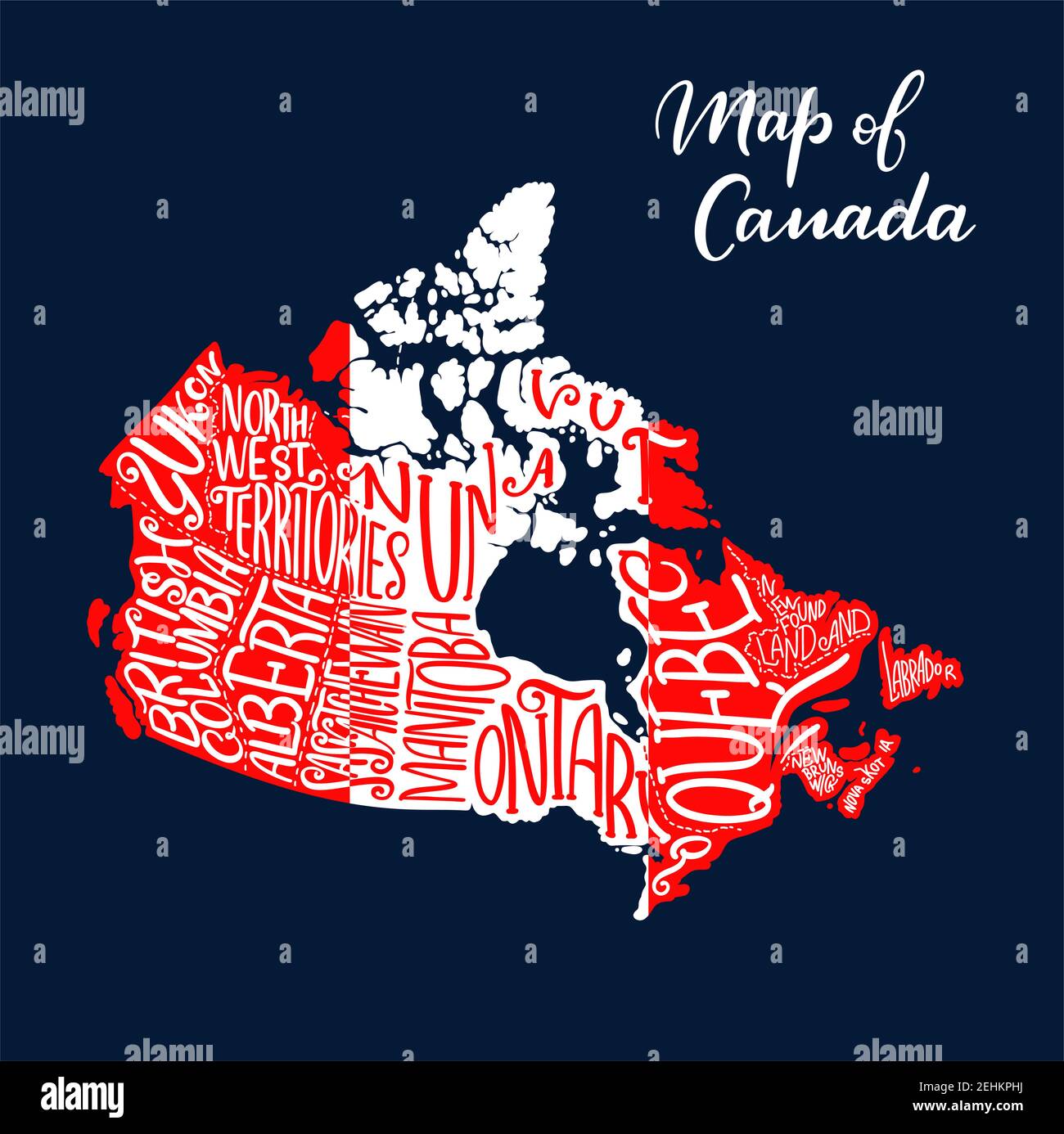 Kanadische Karte mit Provinz- und Territorialbeschriftung in weiß-roten Farben der Nationalflagge. Karte des Landes Kanada. Reisen, Geographie und Kartographie Stock Vektor