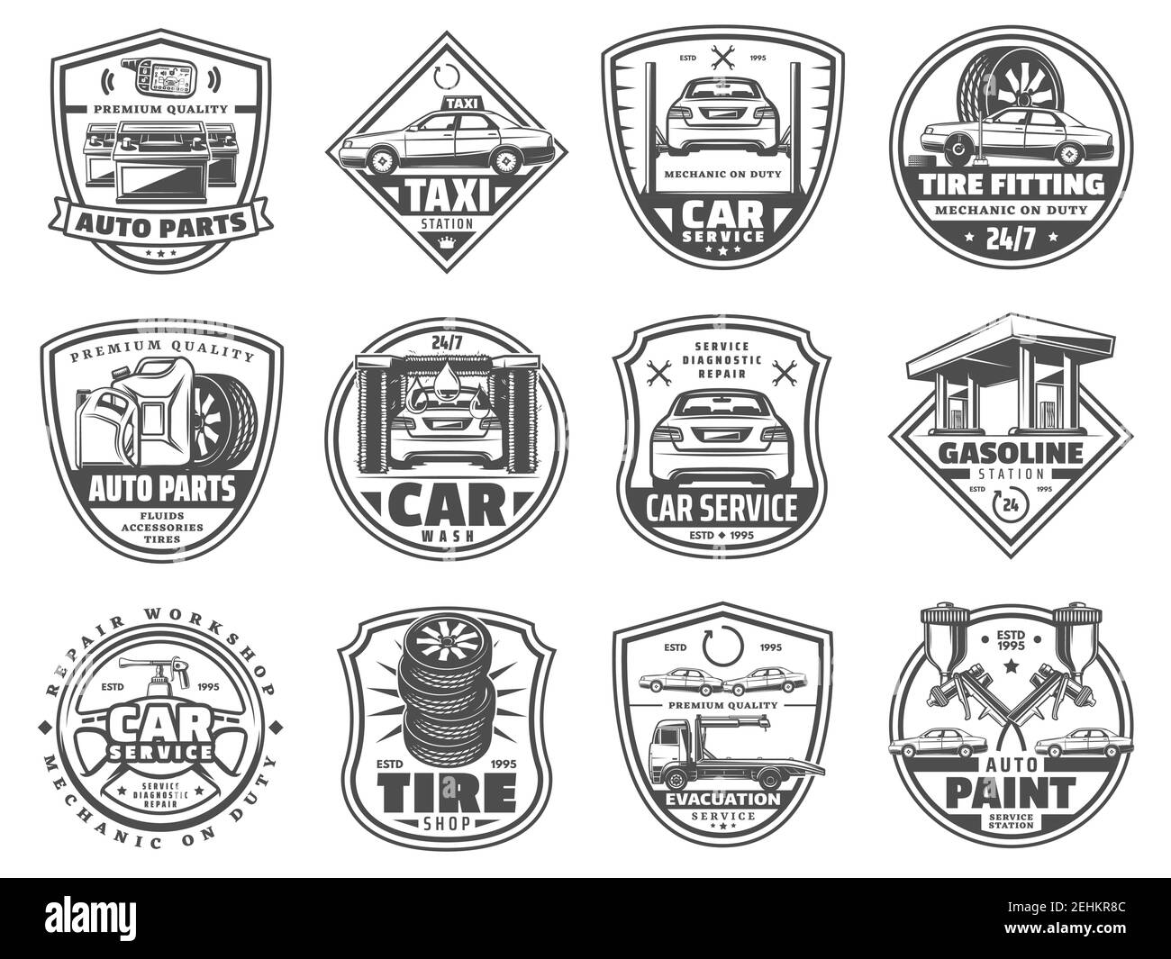 Kfz-Service-Abzeichen, Retro-Vektor-Symbole. Autoteile und Reifenwerkstatt, Autowäsche, Evakuierung und Lackierung, Motoröl- und Batteriewechsel, Garage und mec Stock Vektor
