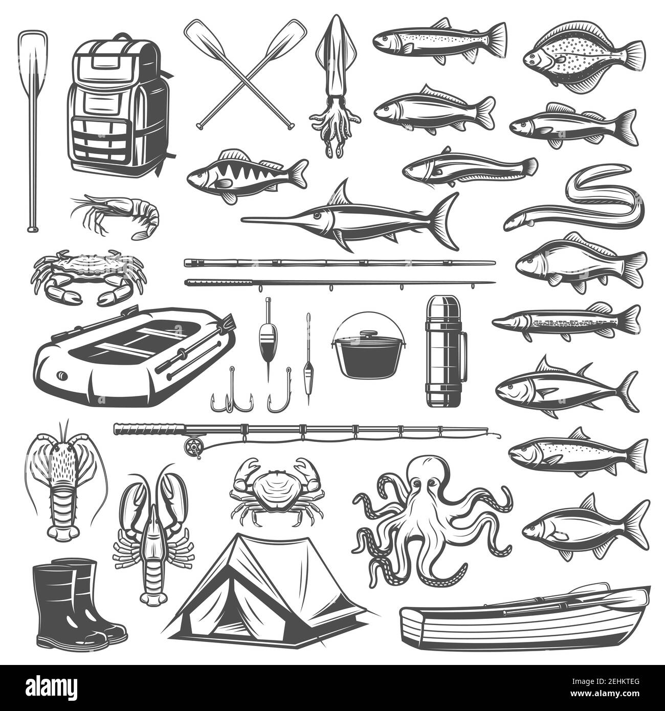 Angelsport-Ausrüstung, Fisch und Meeresfrüchte-Symbole. Angelrute, Haken und Gerät, Boot, Köder und Ausrüstung, Köder, Rollen und Schwimmer, Stiefel, Zelt, Rucksack und sp Stock Vektor