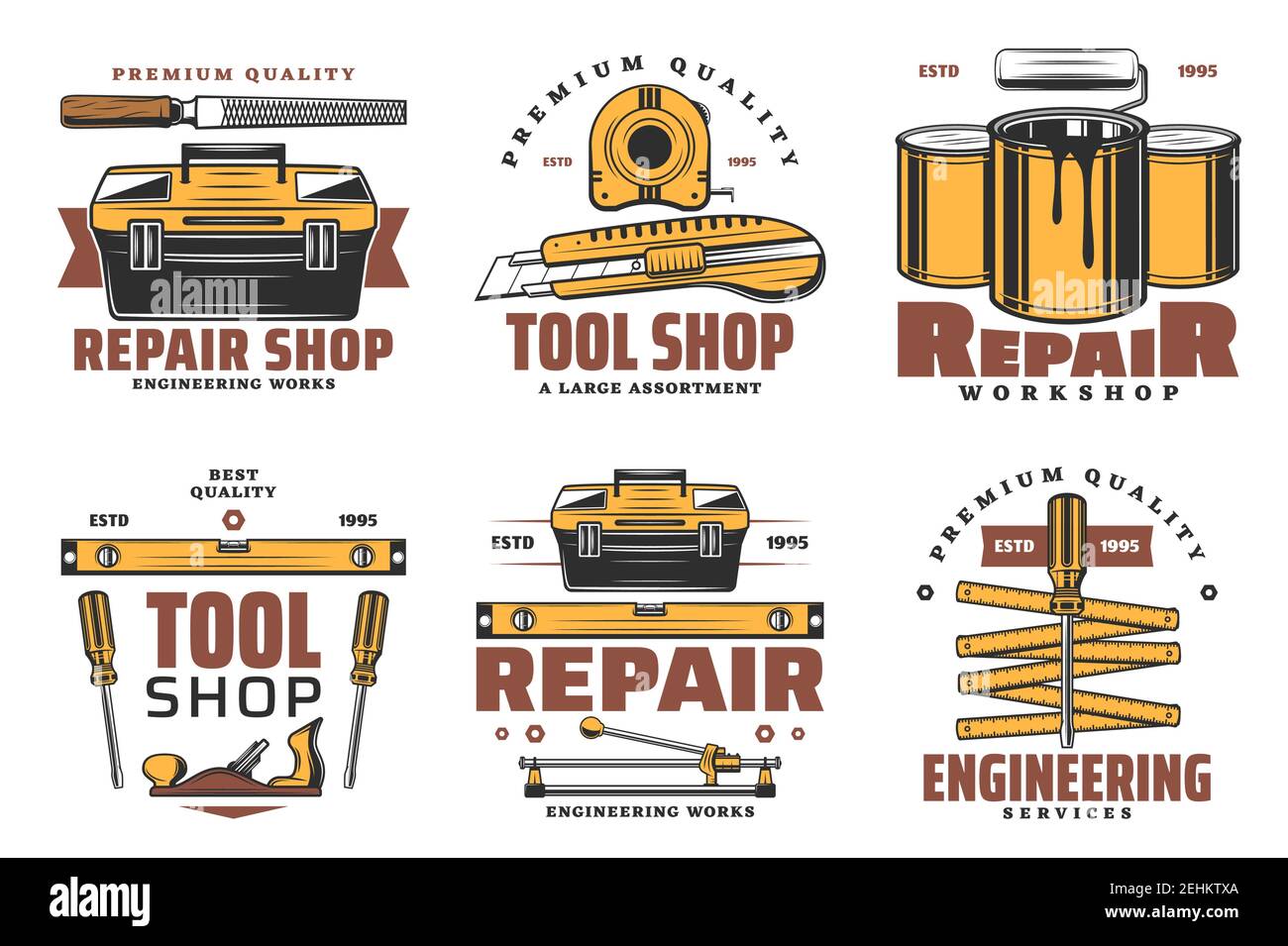 Symbole für Reparaturwerkzeuge. Hausbau, Zimmerei und Lackservice. Alte Schraubendreher, Walze und Werkzeugkasten, Maßband, Lineal, Messer und Holz ras Stock Vektor