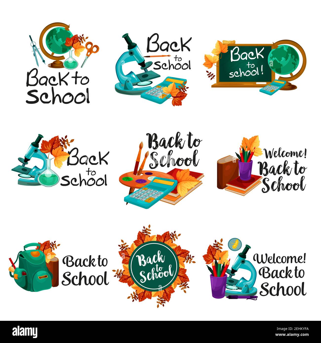 Willkommen Zurück zur Schule Ikonen der Schultasche und Lektion Schreibwaren. Vektor isolierte Satz von Buch oder Copybook und Mathematik Rechner, Stift oder Bleistift wi Stock Vektor