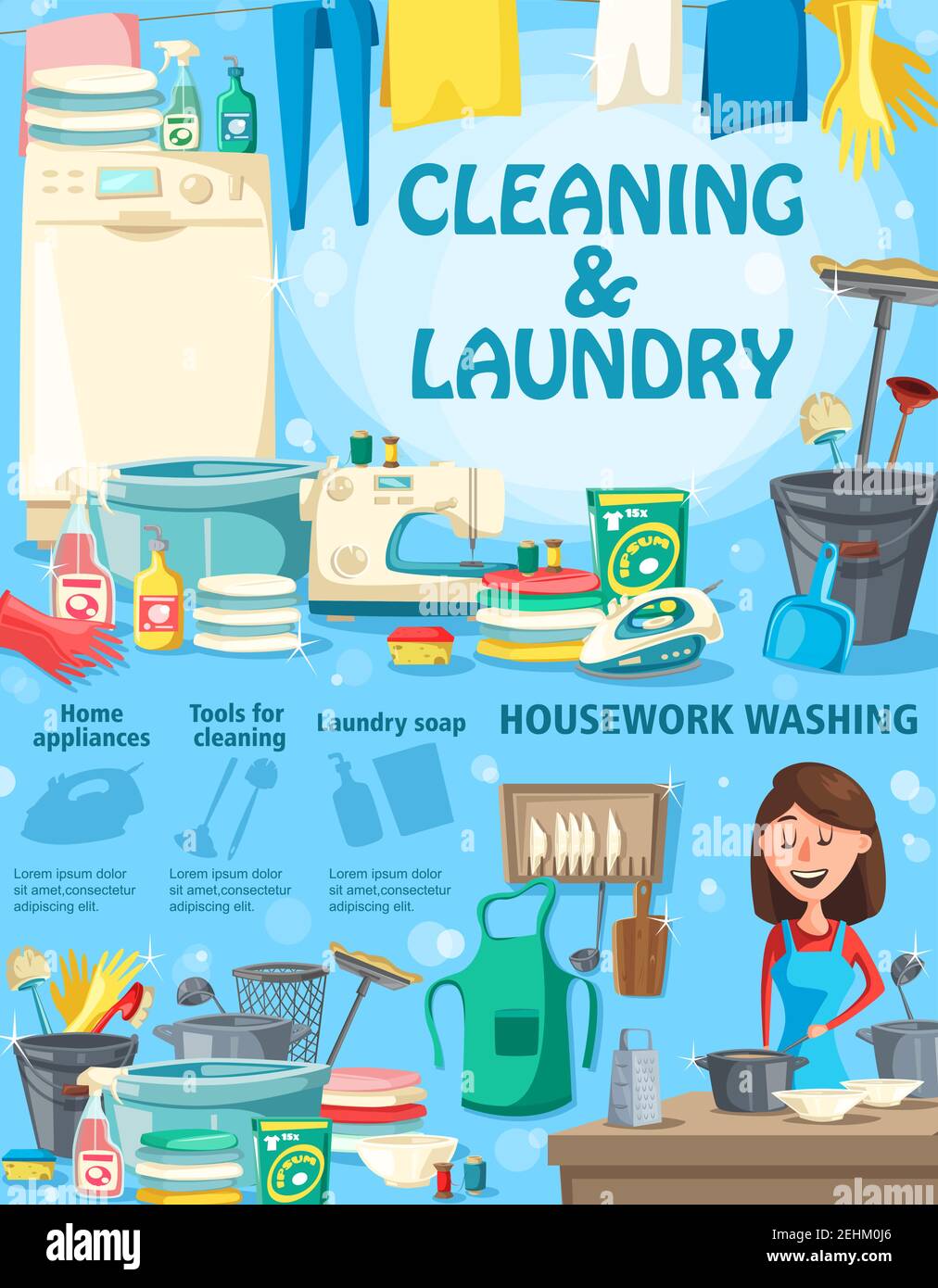 Reinigung und Wäsche, Hausarbeit Waschen und Haushaltsgeräte, Seife und Werkzeuge. Frau mit Geschirr, mager Kleidung und Waschmaschine, Waschmittel und Nähmaschine Stock Vektor