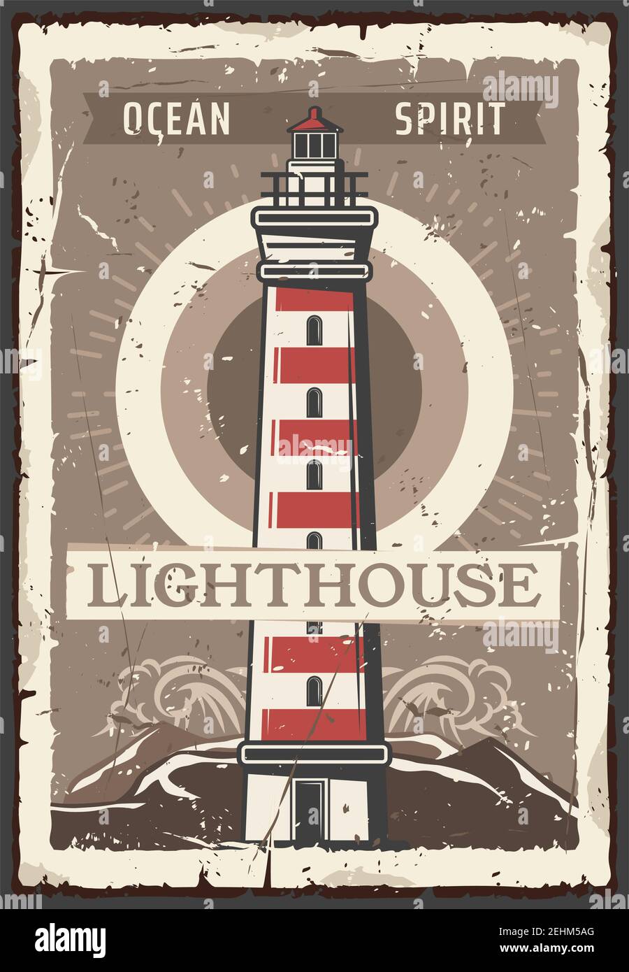 Leuchtturm gestreifter Signalturm an der Küste. Nautischer Vintage-Vektor, Leuchtfeuer auf Klippen, in der Nähe von Meeresbrandung Stock Vektor