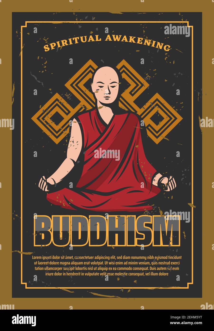 Buddhismus Orientalische Religion Poster mit Glatze Mönch sitzen in Lotus Pose. Religiöse, ruhige Person aus Indien in roter Robe, die Meditation mit endlosem Kno macht Stock Vektor