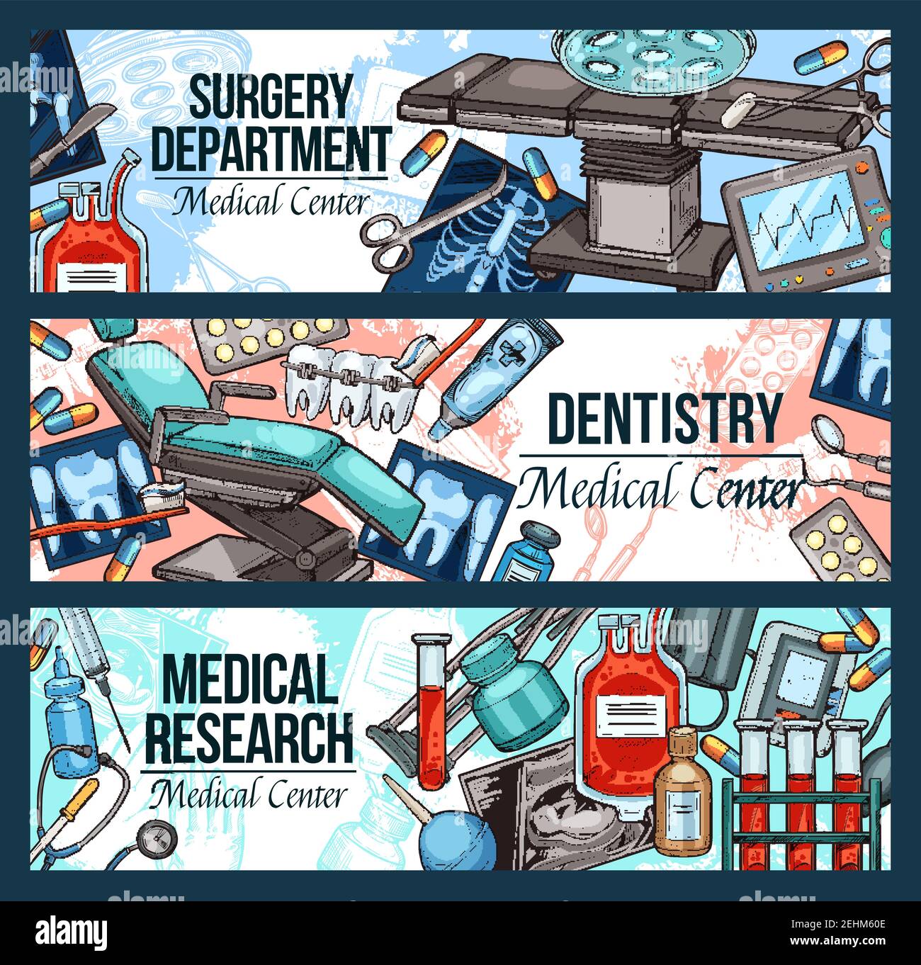 Chirurgie Abteilung, Zahnmedizin und medizinische Forschung Banner in Skizze Stil. Ausrüstung für Untersuchung und Behandlung, Zahnarztstuhl, sterile Behälter Stock Vektor