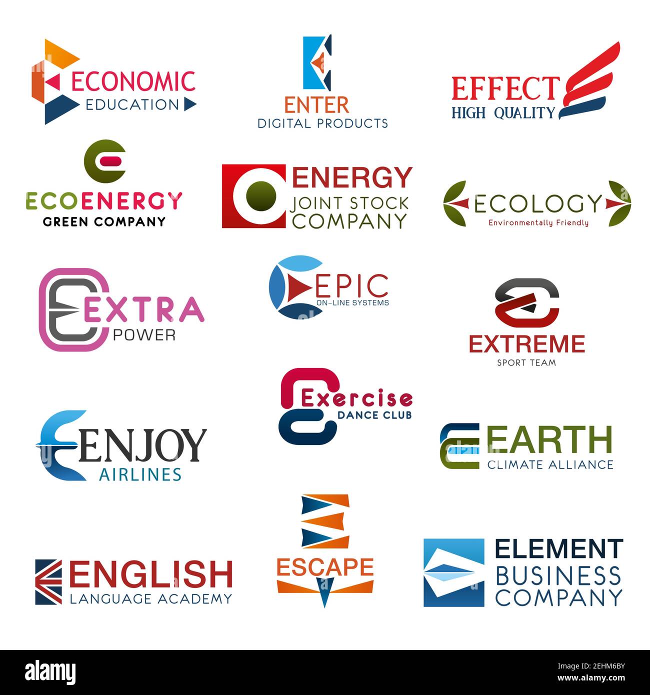 E-Buchstaben Symbole Wirtschaft und Bildung, Englisch Kurse Symbol mit Flagge, Umweltschutz Organisation Zeichen. Extreme und Fitness-Club, Energie busi Stock Vektor