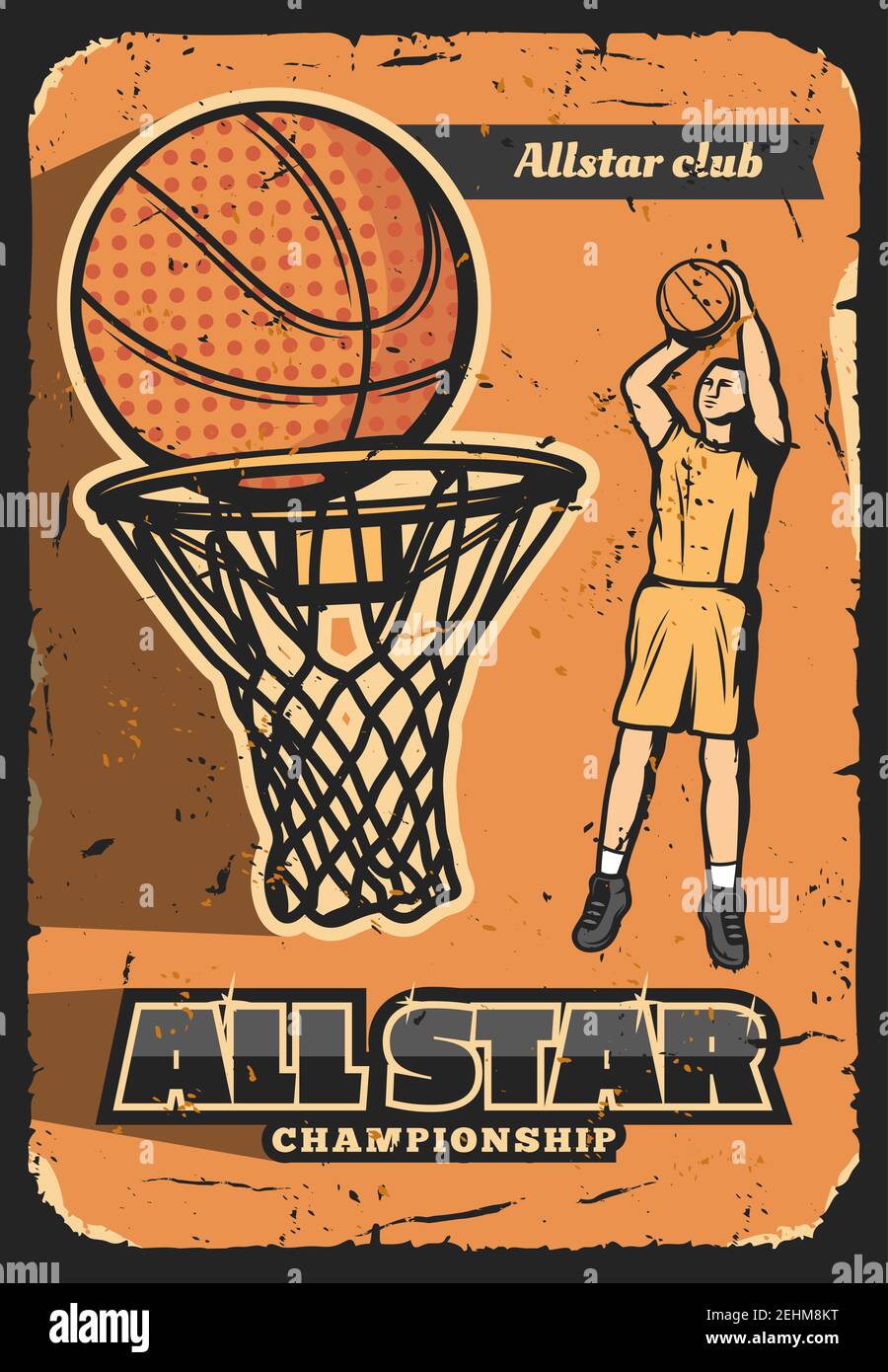 Basketball Sport Vektor Retro Poster. Alle Sterne-Meisterschaft, Basketball-Spieler-Club für Champions. Mann wirft Ball in den Korb. Nationale Sportliga, Stock Vektor