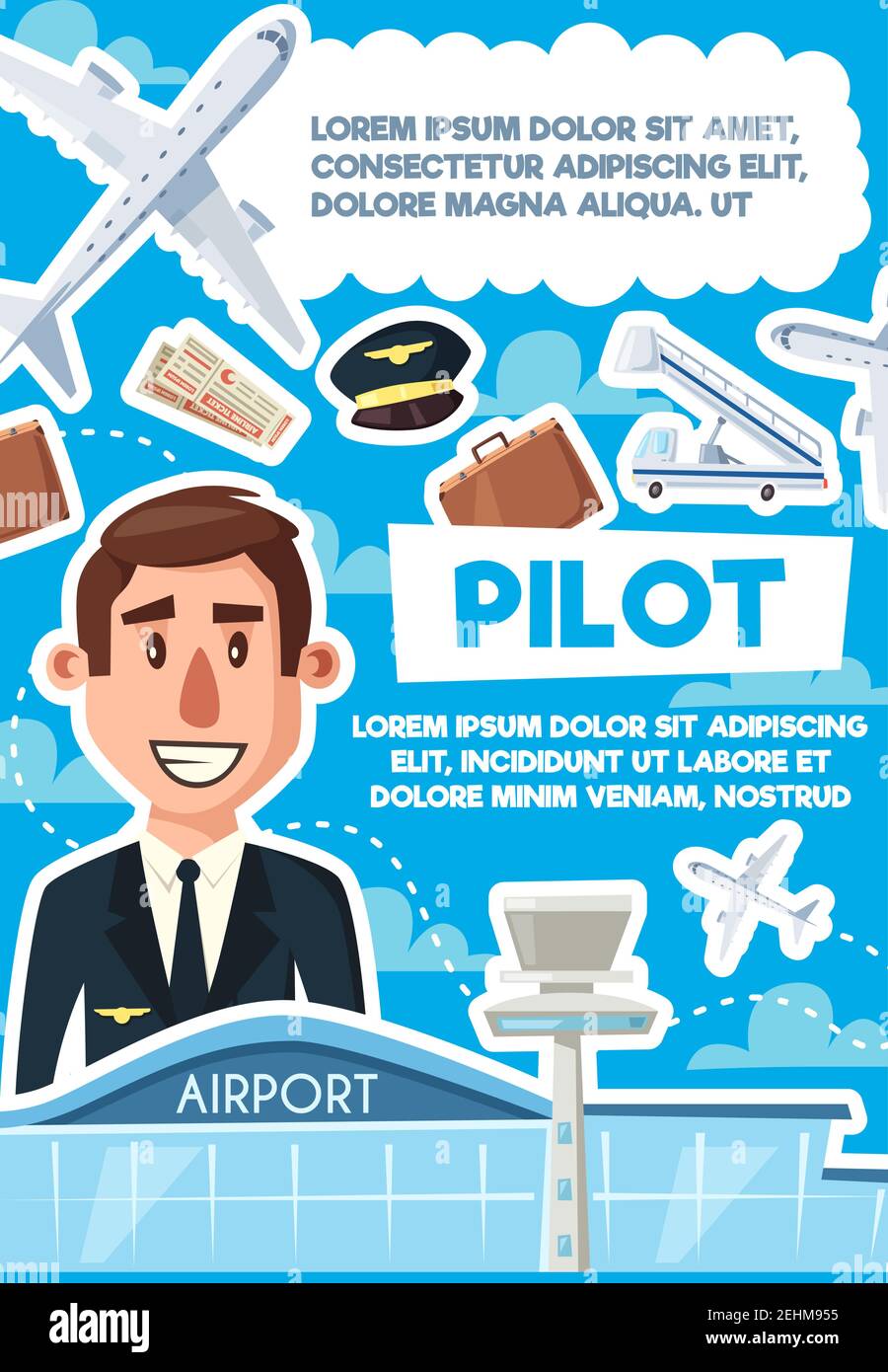 Pilot Recruuting Einstellungsplakat, Stellenangebot am Flughafen, Flieger erforderlich. Passagierschiff und Gepäck, Flugtickets und Leiter, Pilot in Uniform. Aufz Stock Vektor