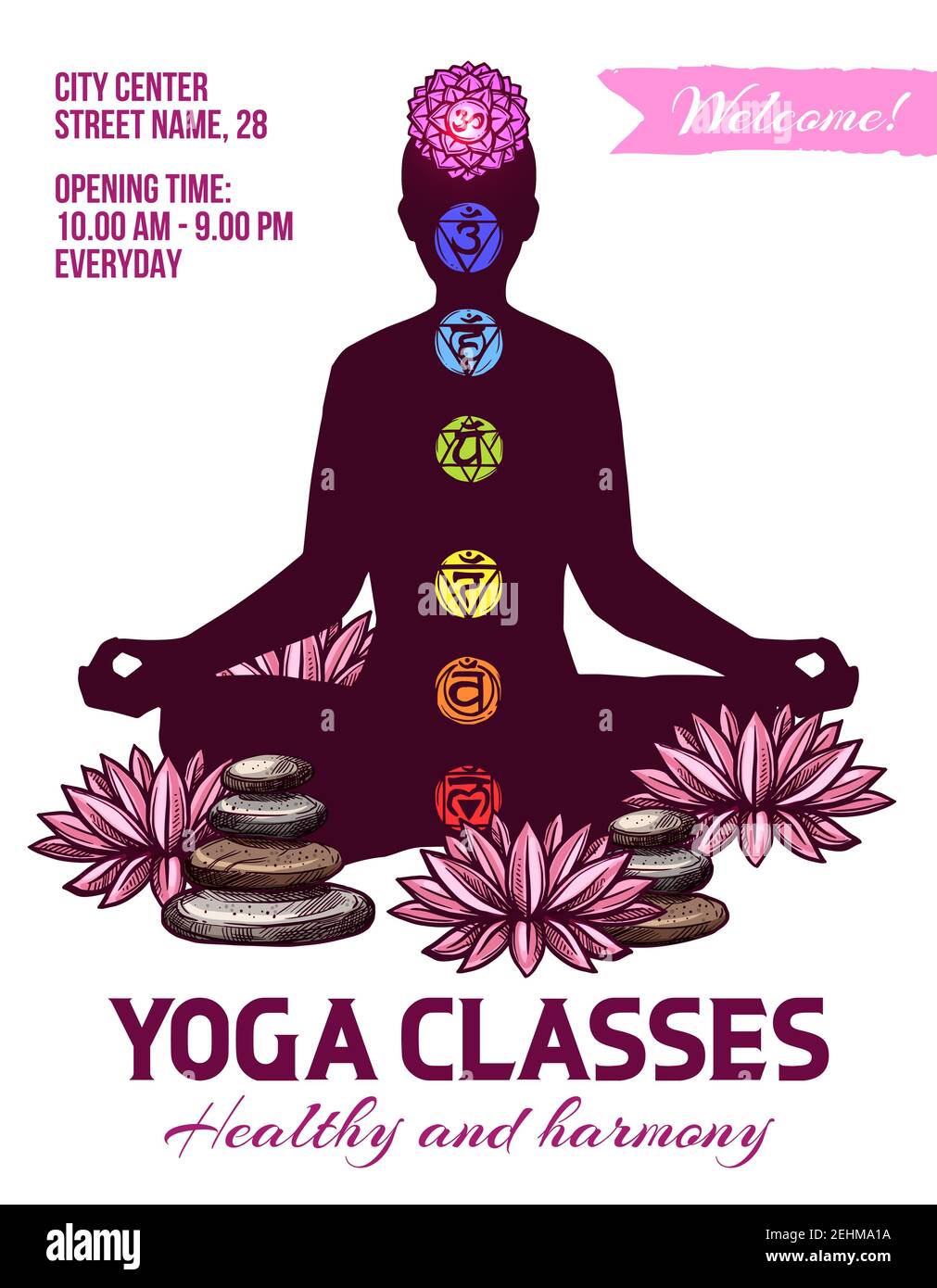 Poster zur Yoga-Einladung. Vektor menschliche Silhouette in Lotus Pose, spirituelle Symbole Chakren, aum und Lotusblume und Steine zu vertiefen Meditation. Neu Erstellen Stock Vektor