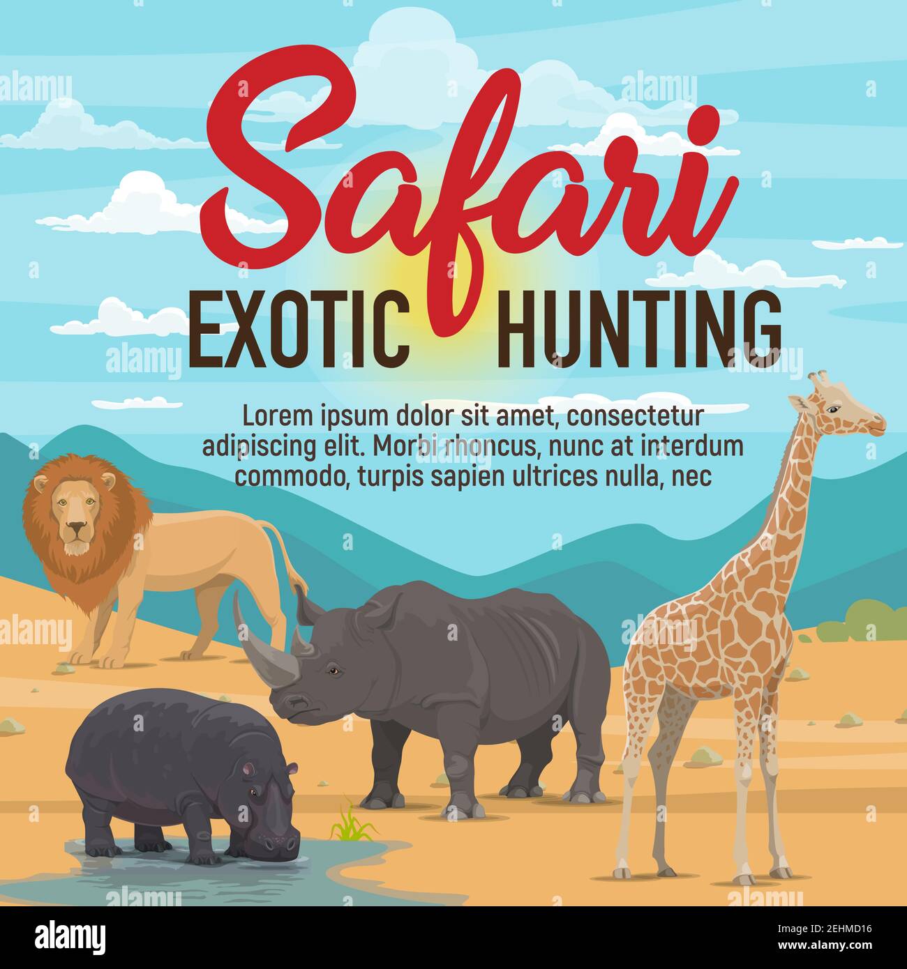 Wilde afrikanische Tiere und Vögel, Safari exotische Jagd. Löwe und Nashorn, Nilpferd und Giraffe in Wüste und Savanne. Vektorgrafik Cartoon-Illustration Stock Vektor