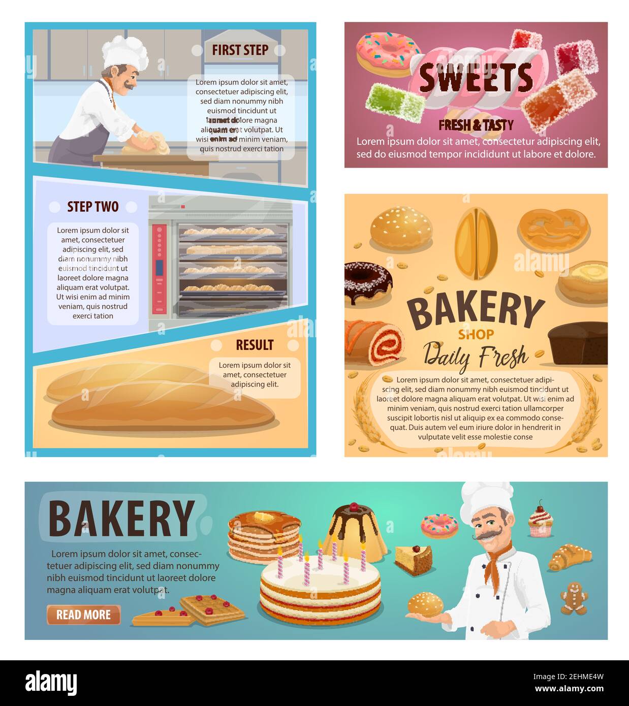 Bäckerei oder Bäckerei und Konditorei Backprozess. Vector Plakate von  Bäcker Beruf mit Brot und Gebäck, Weizen und Roggen Teig, Dessert Kuchen  und b Stock-Vektorgrafik - Alamy