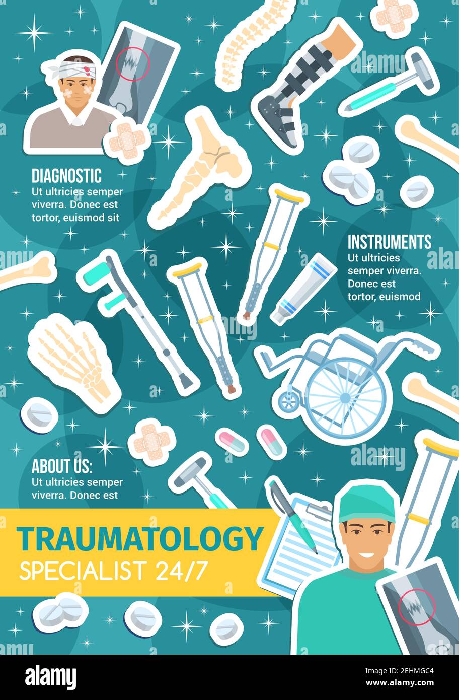 Plakat Traumatologie und Traumachirurgie mit Traumatologen. Verletzter Patient, Röntgenaufnahme von Knochenbruch und medizinischer Stiefel für Guss, Wirbelsäule oder Handgelenk Stock Vektor